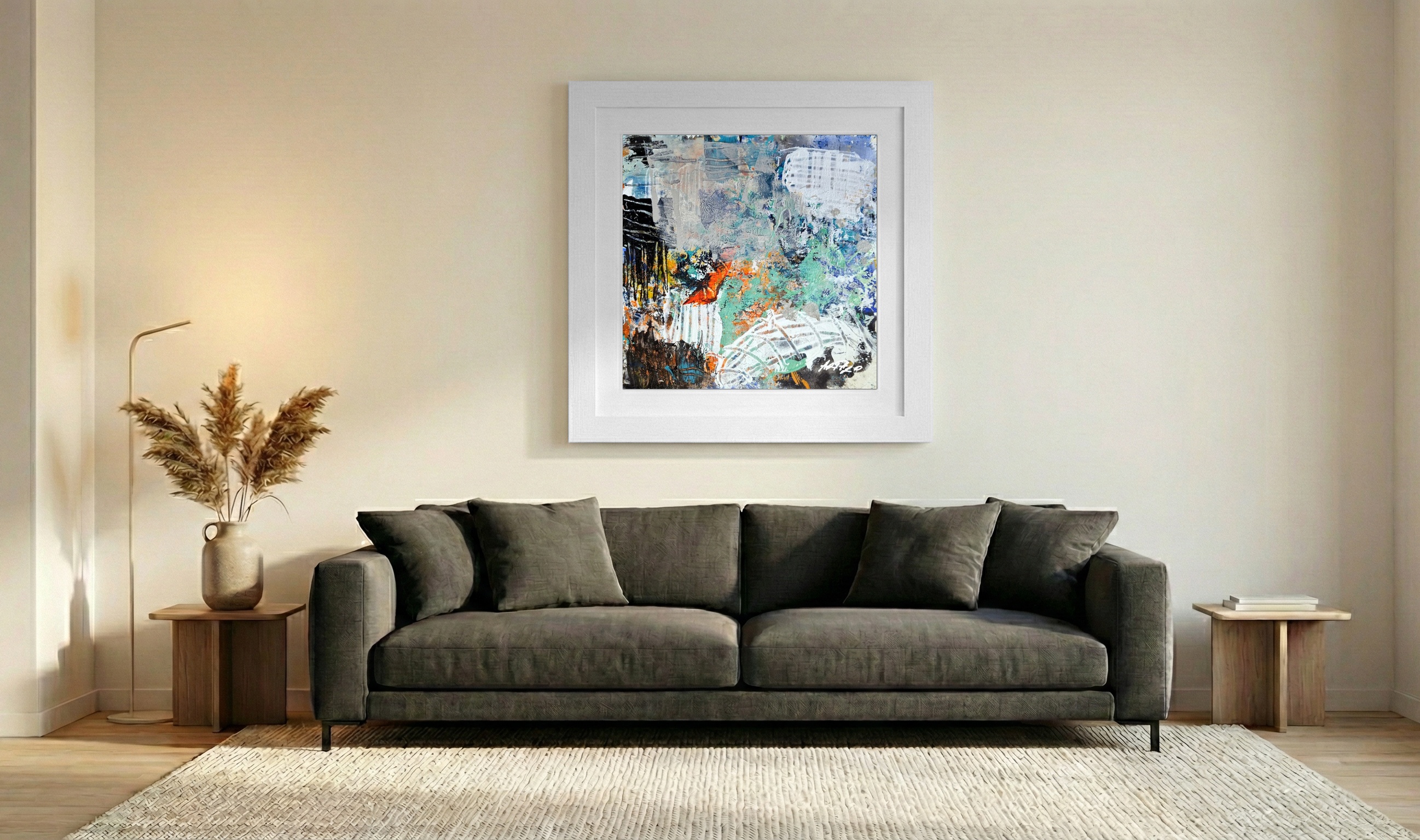 Teal and Burnt Orange Abstract on Paper — art on the wall, room interior preview 3