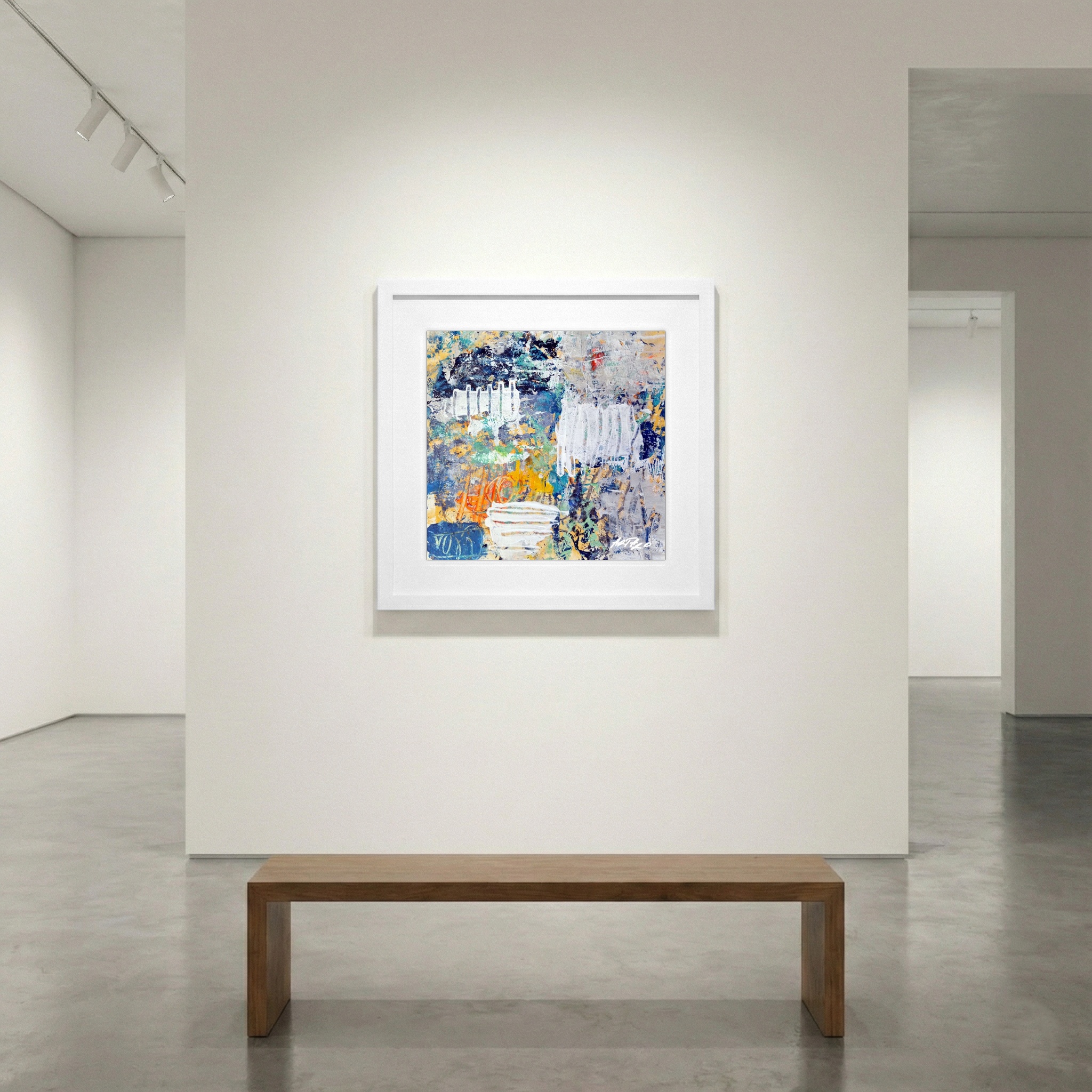 Cerulean and Ochre Whimsical Abstract on Paper — art on the wall, room interior preview 1