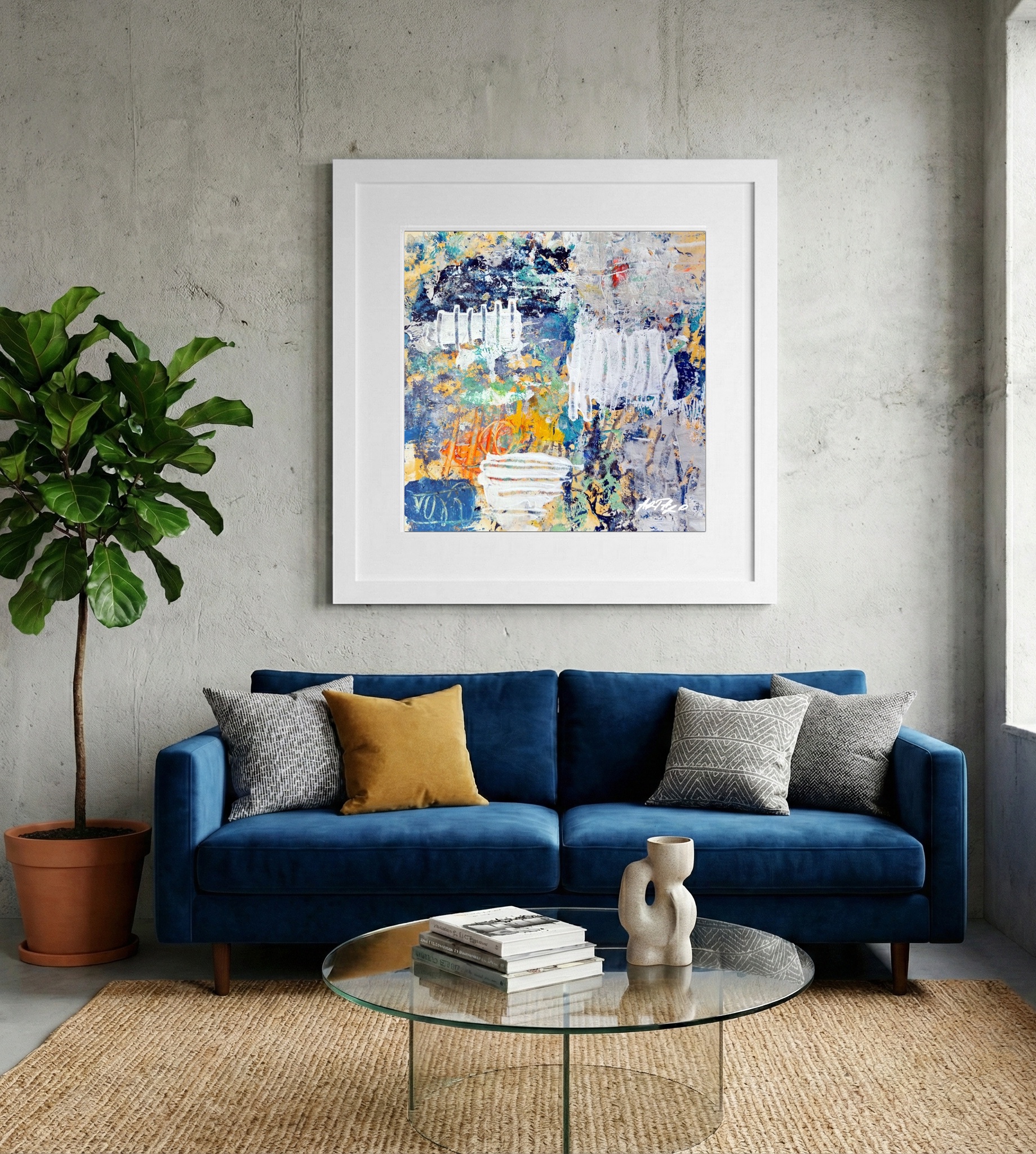 Cerulean and Ochre Whimsical Abstract on Paper — art on the wall, room interior preview 2