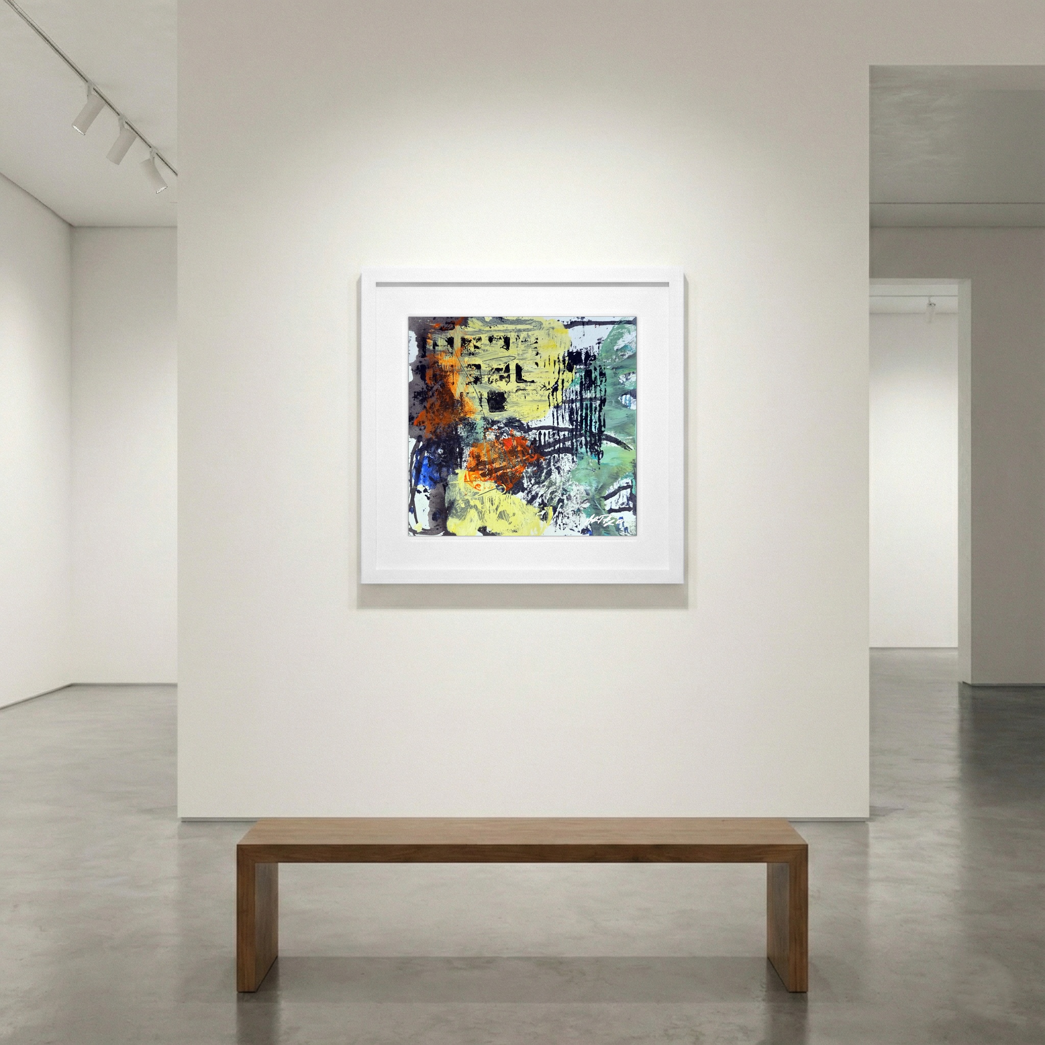 Bright Yellow and Deep Blue Abstract on Paper — art on the wall, room interior preview 1