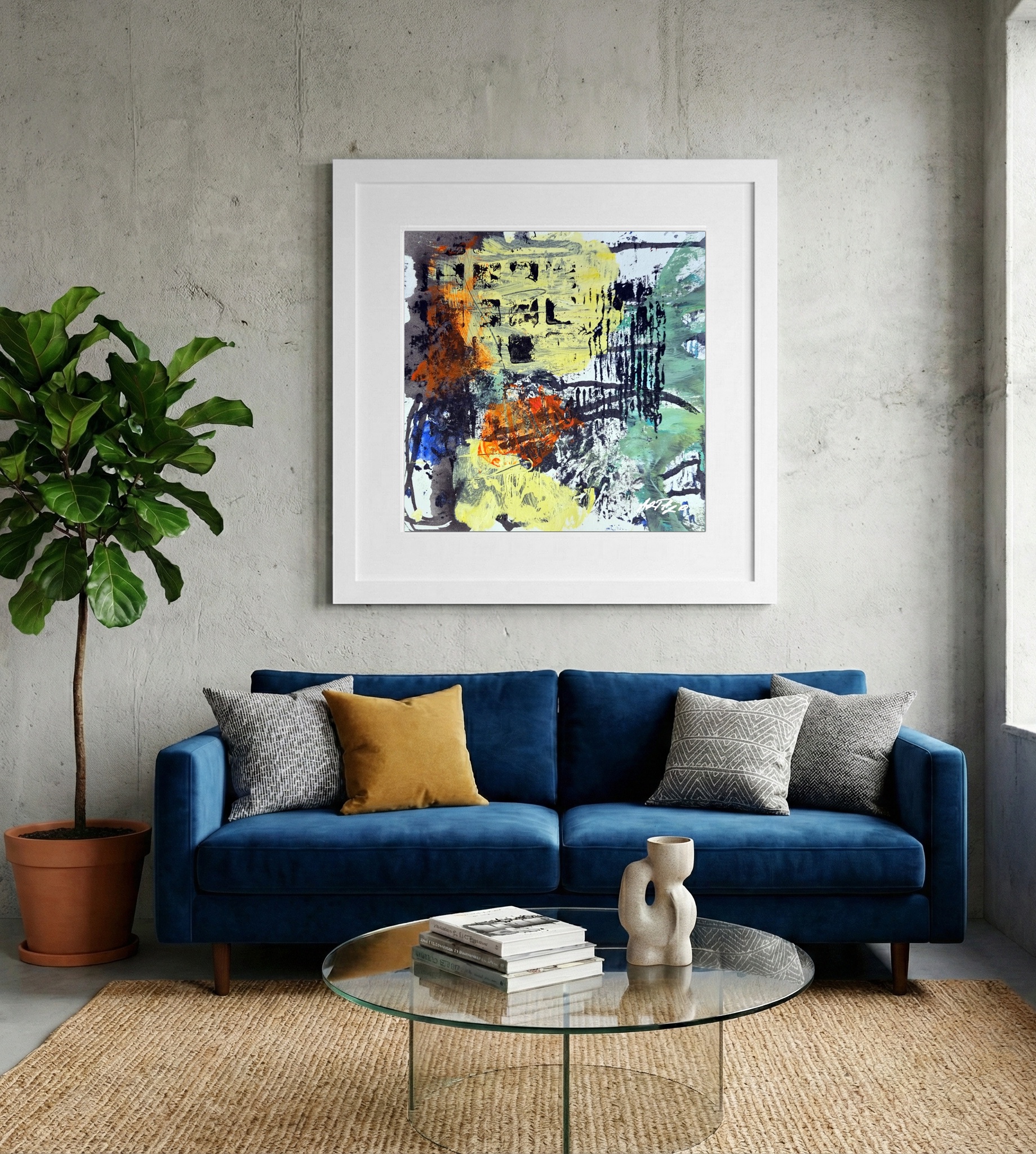 Bright Yellow and Deep Blue Abstract on Paper — art on the wall, room interior preview 2