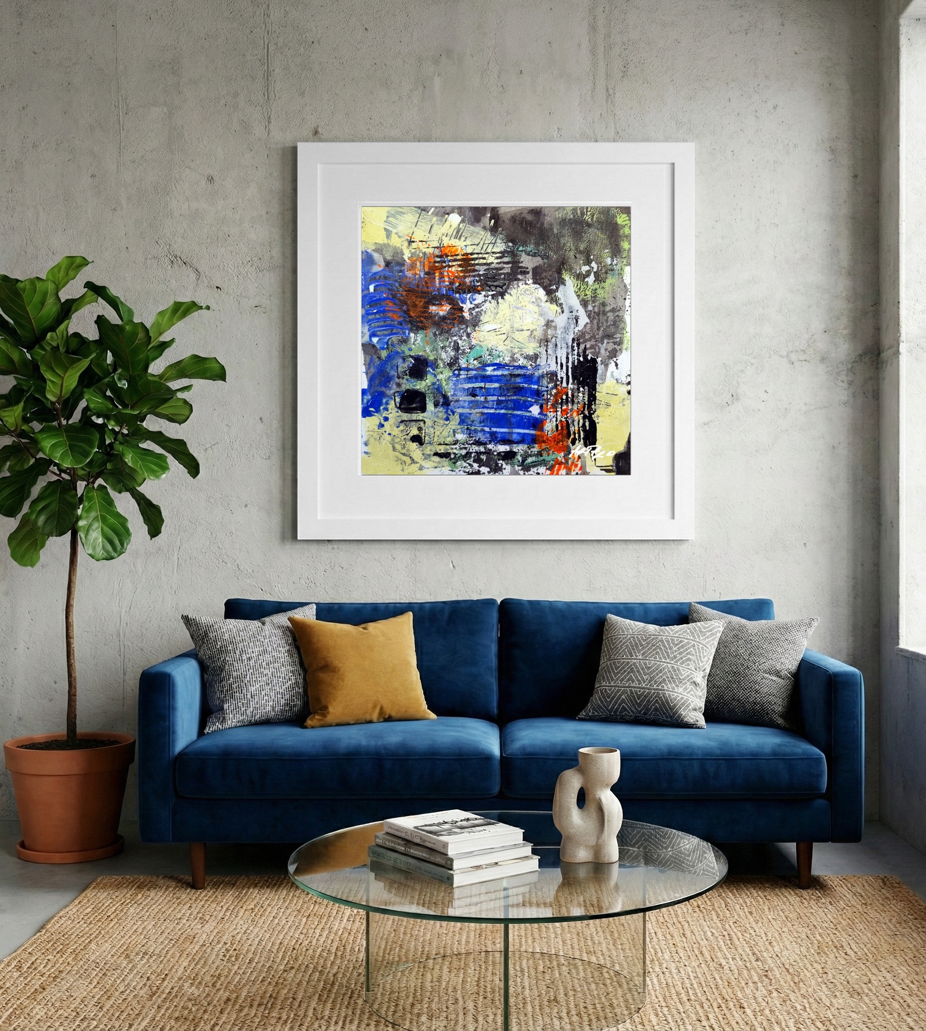 Fiery Orange and Royal Blue Abstract on Paper — art on the wall, room interior preview 2