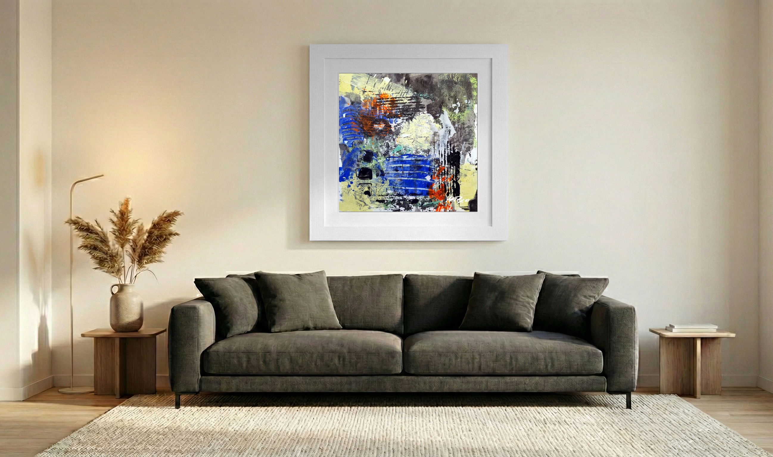Fiery Orange and Royal Blue Abstract on Paper — art on the wall, room interior preview 3