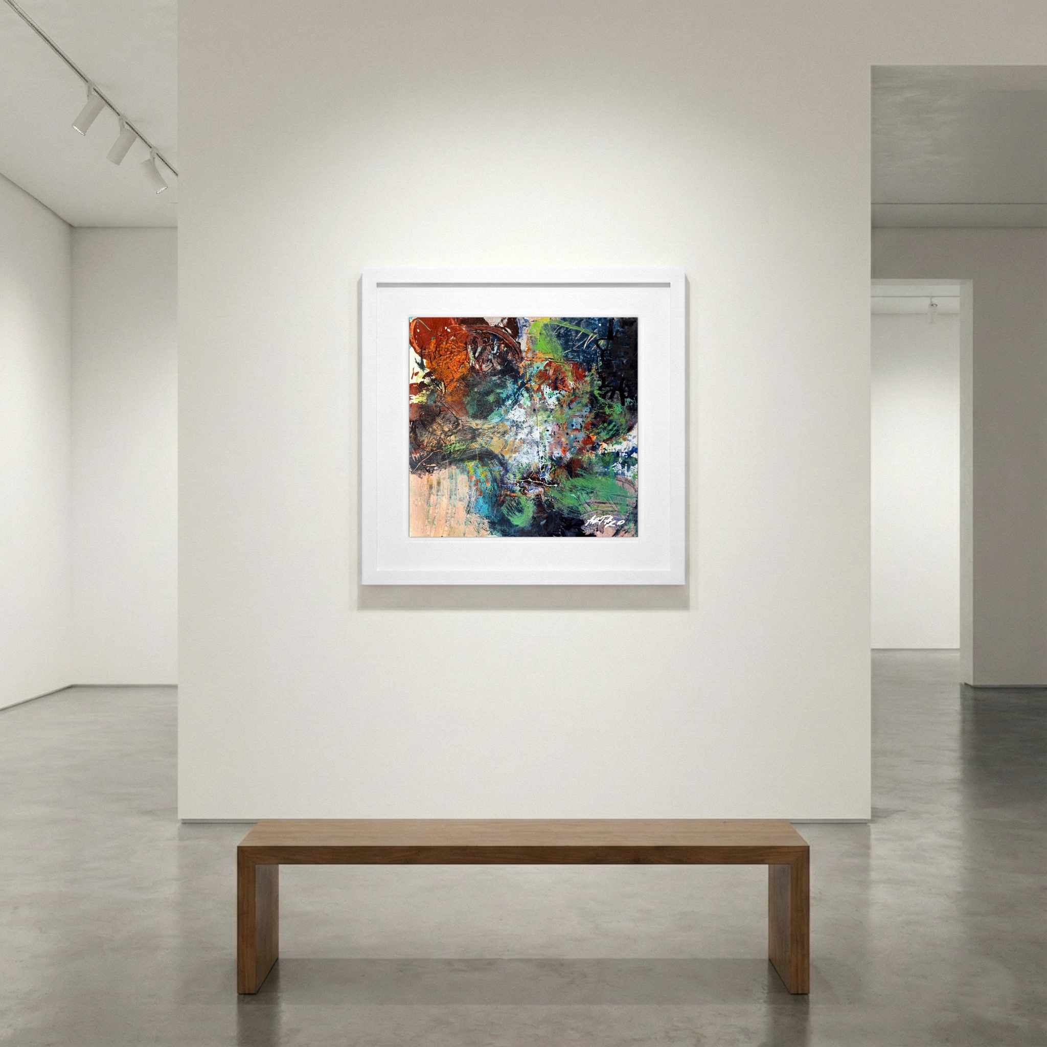 Teal and Burnt Orange Abstract on Paper — art on the wall, room interior preview 1