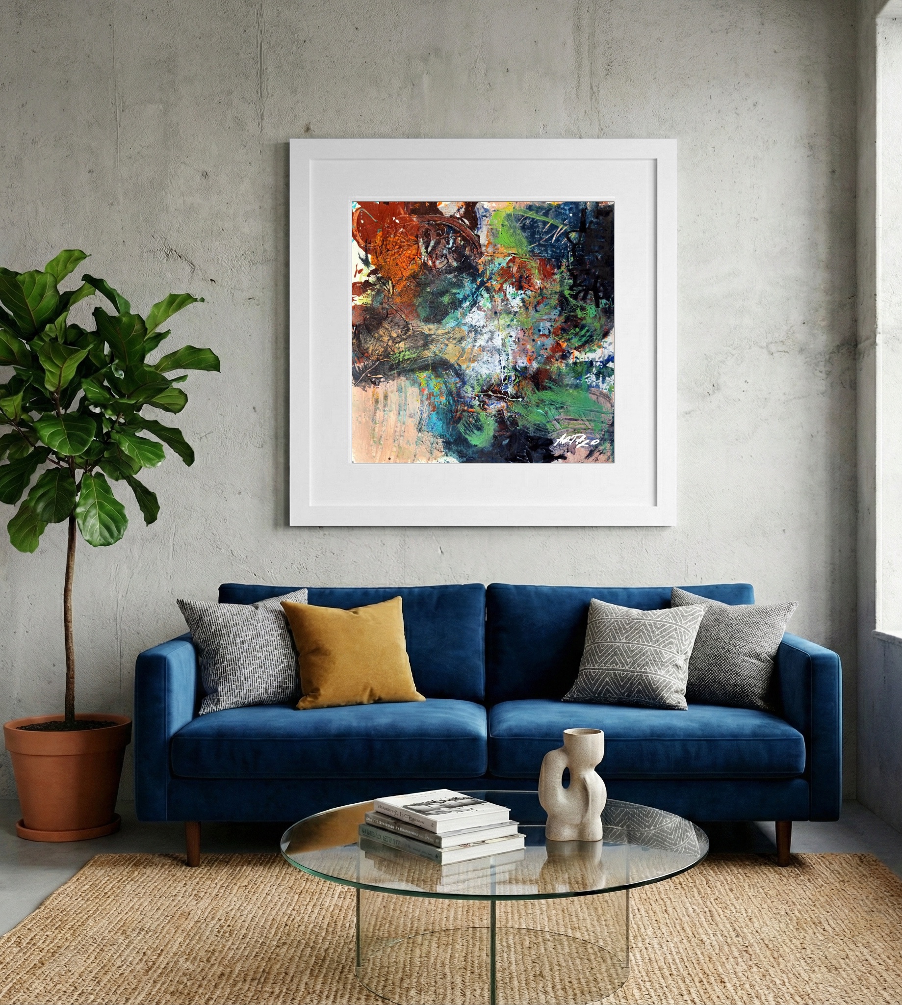 Teal and Burnt Orange Abstract on Paper — art on the wall, room interior preview 2