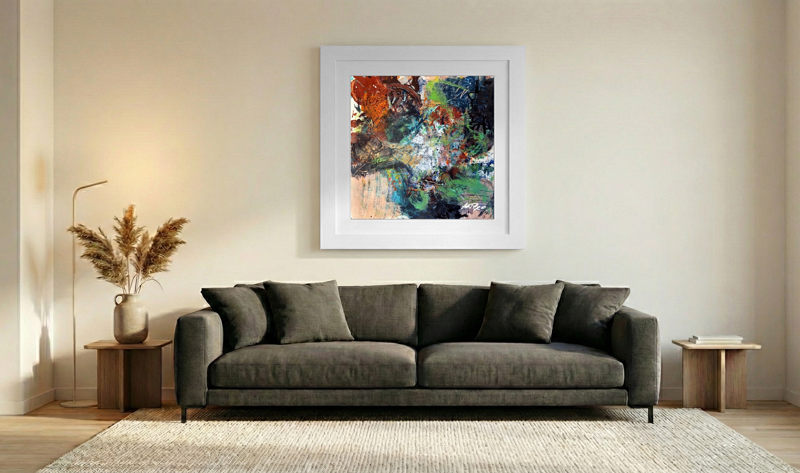 Teal and Burnt Orange Abstract on Paper — art on the wall, room interior preview 3