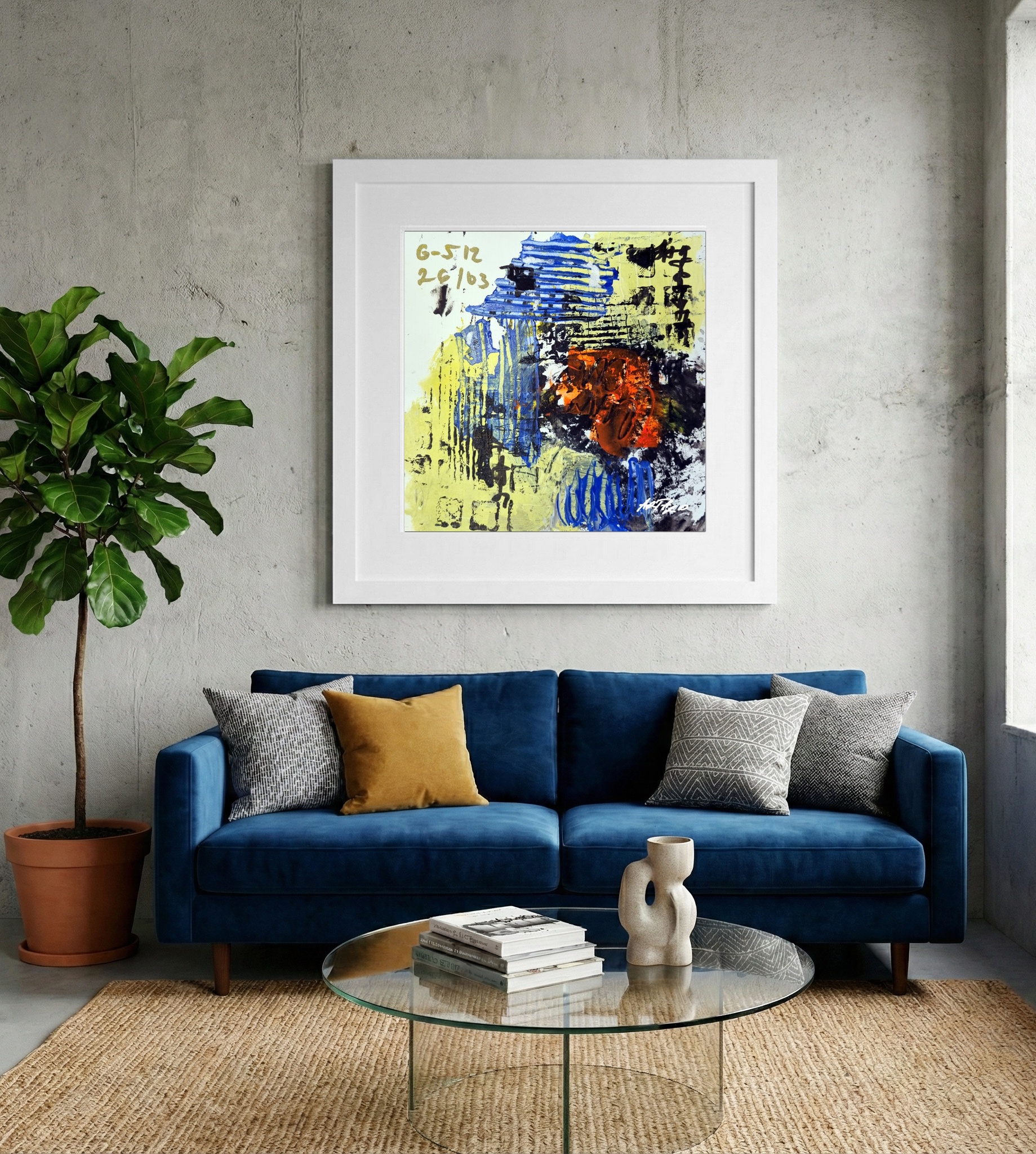 Golden Yellow and Deep Blue Abstract on Paper — art on the wall, room interior preview 2