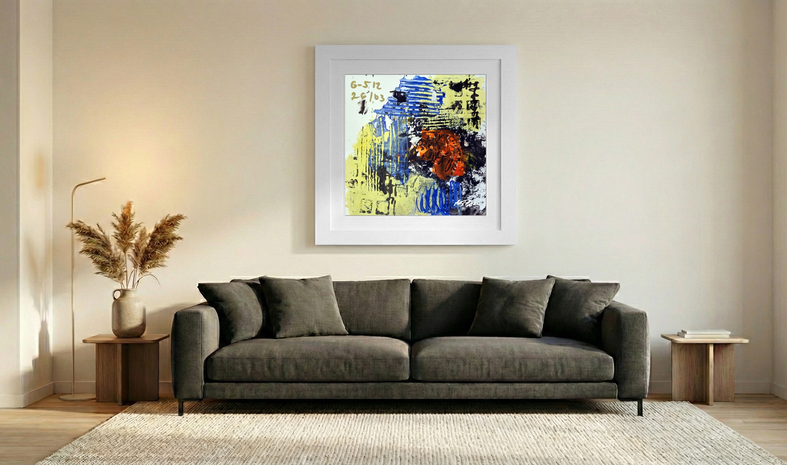 Golden Yellow and Deep Blue Abstract on Paper — art on the wall, room interior preview 3