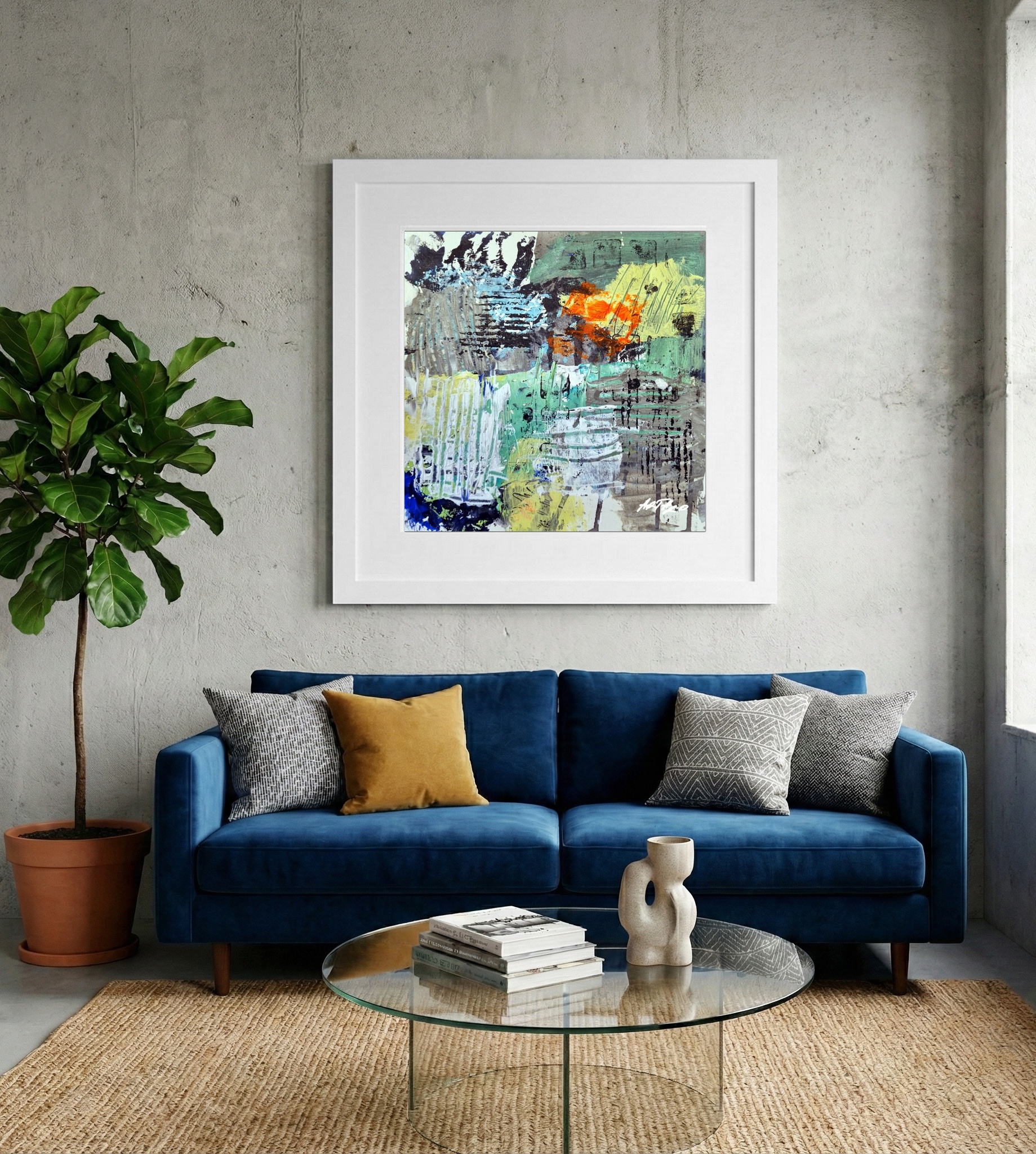 Green and Yellow Acrylic Abstract on Paper — art on the wall, room interior preview 2