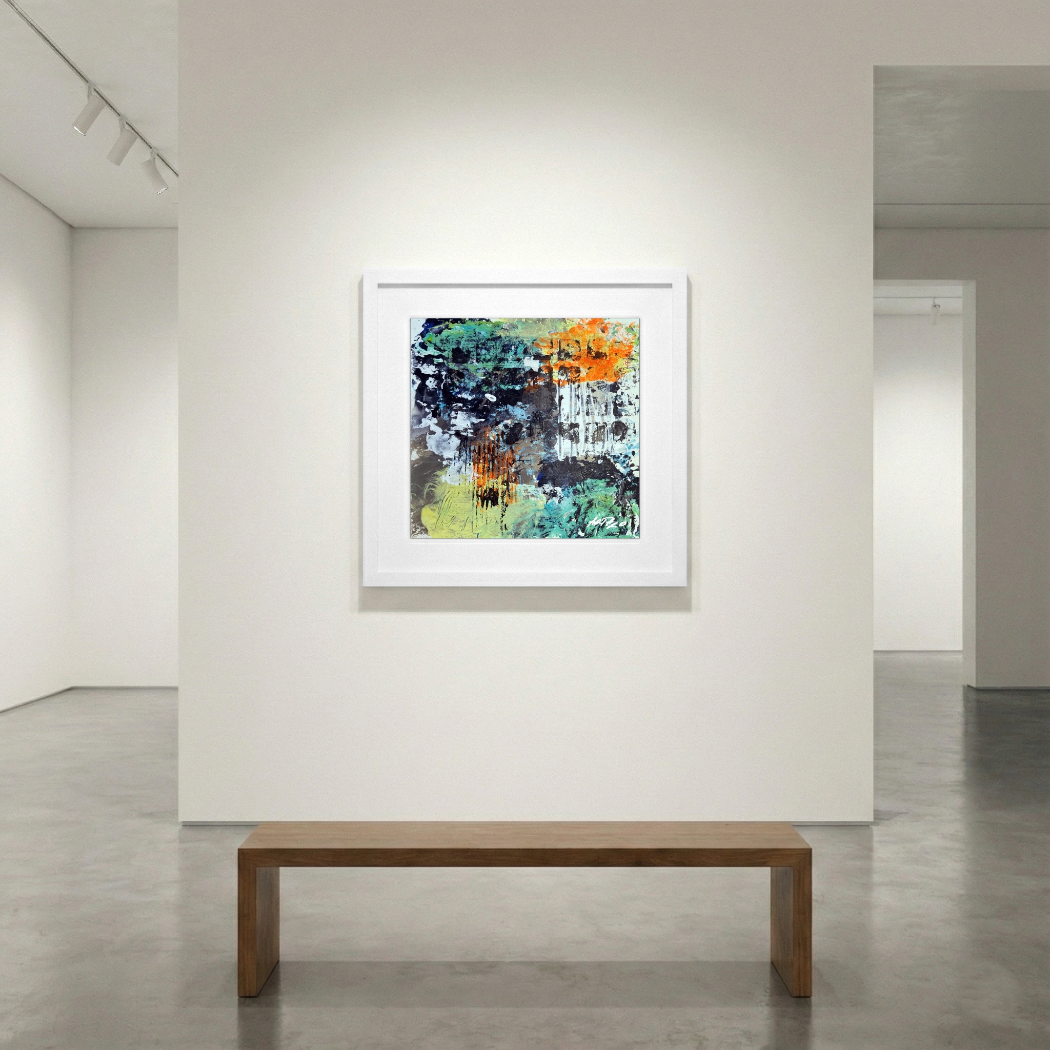 Emerald and Burnt Orange Abstract on Paper — art on the wall, room interior preview 1