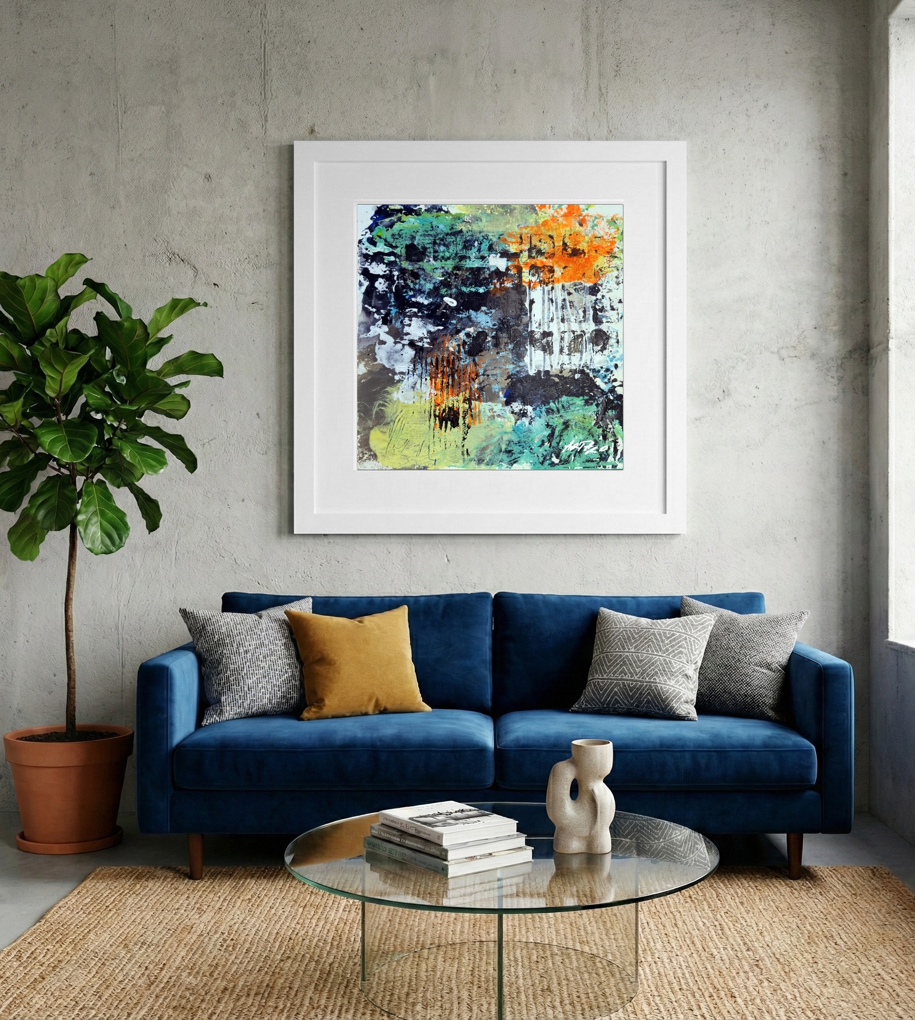 Emerald and Burnt Orange Abstract on Paper — art on the wall, room interior preview 2
