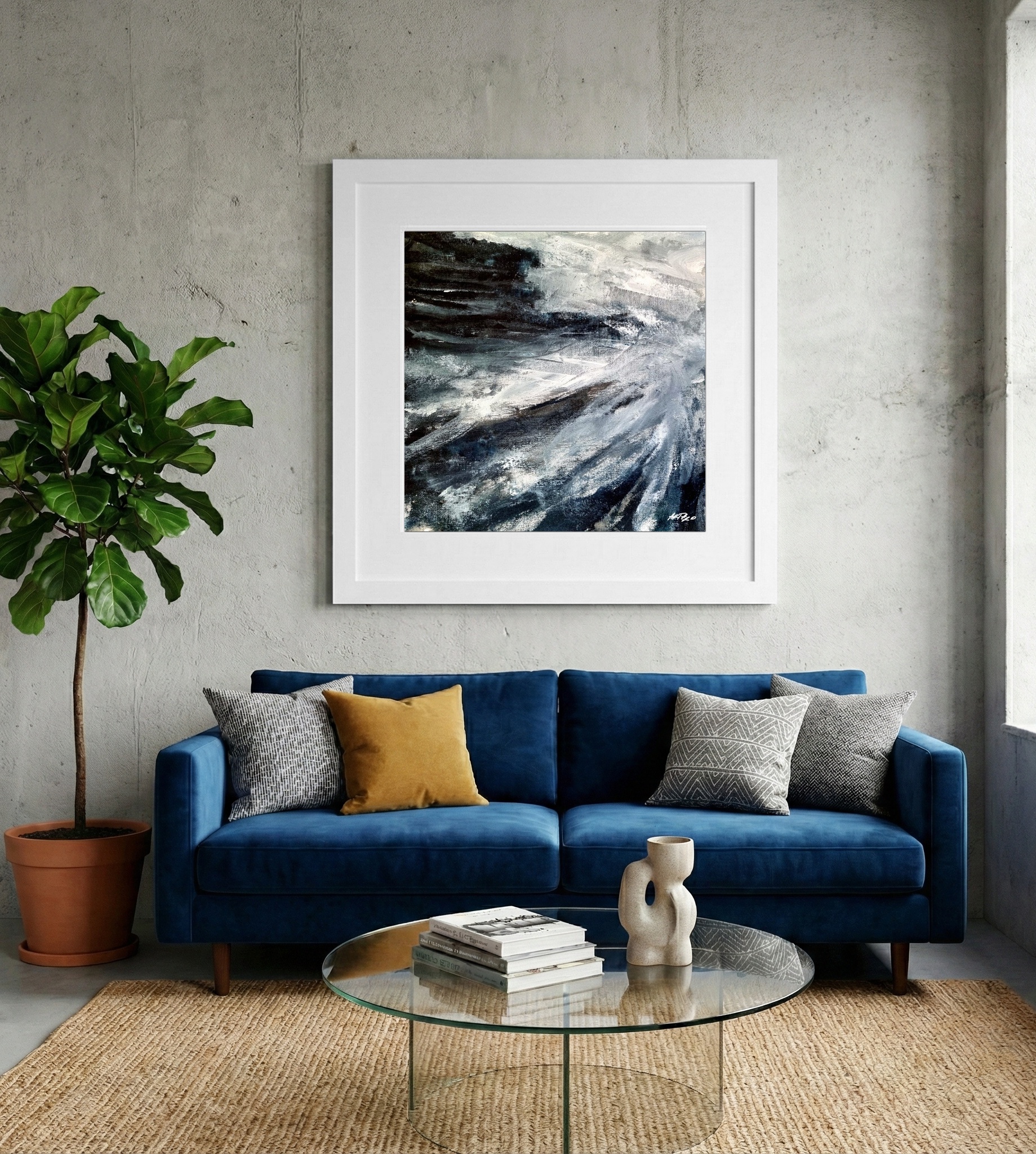 Black and White Tension on Linen Canvas — art on the wall, room interior preview 2