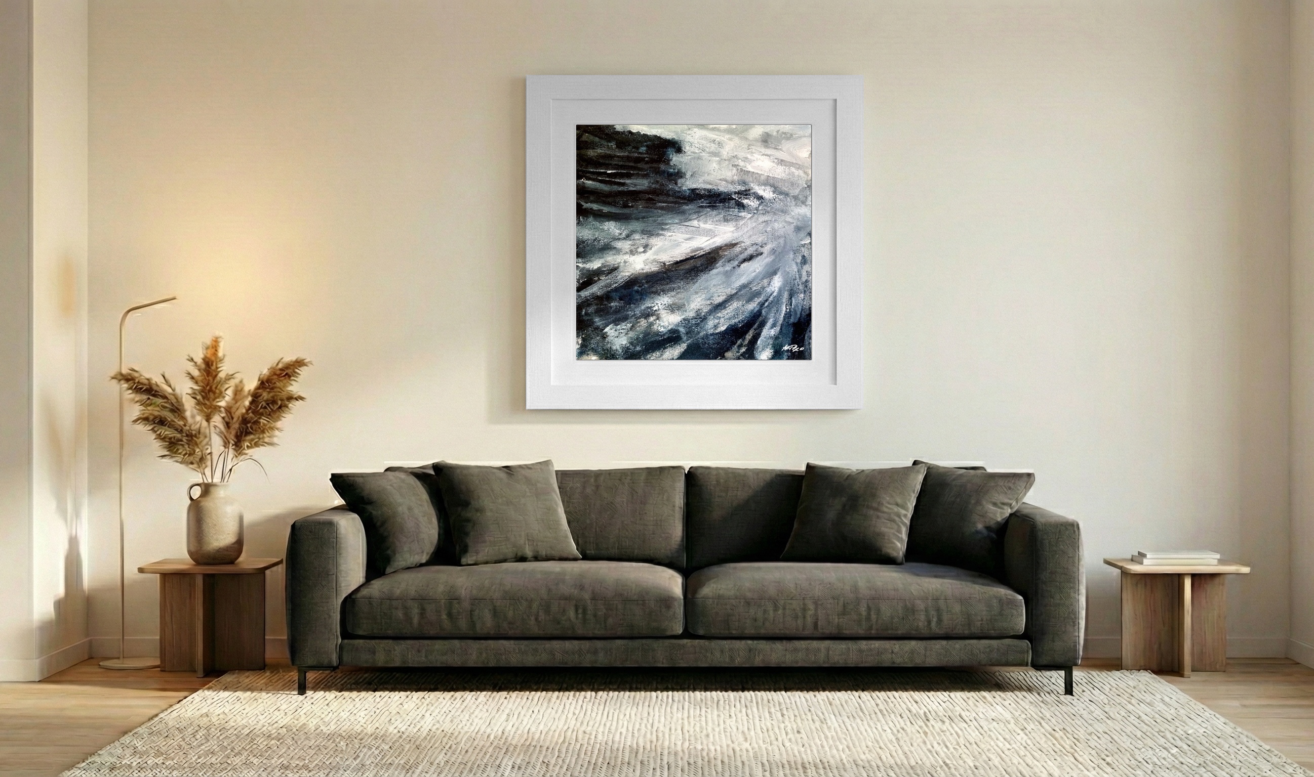 Black and White Tension on Linen Canvas — art on the wall, room interior preview 3