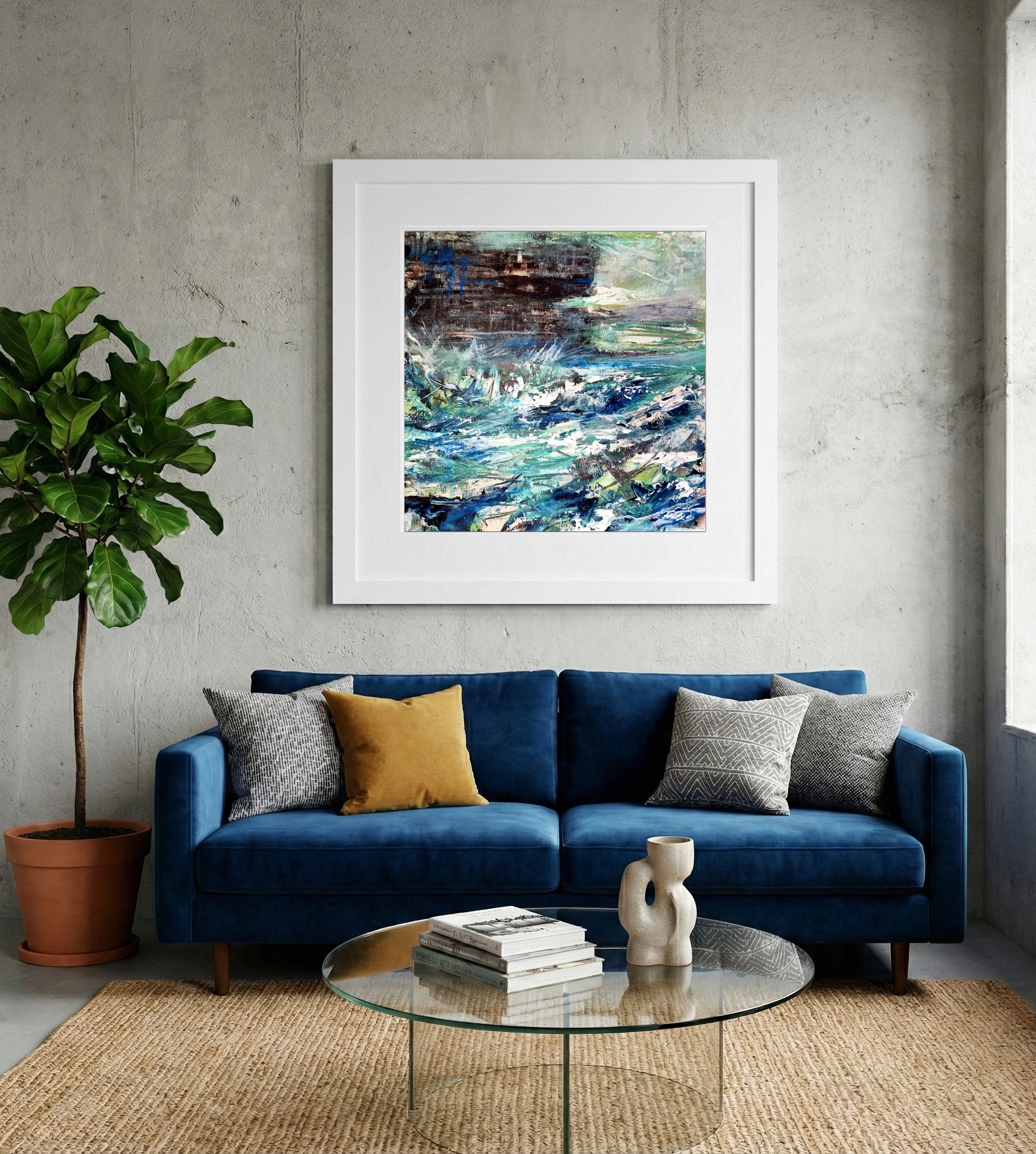 Emerald and Blue Abstract Seascape — art on the wall, room interior preview 2