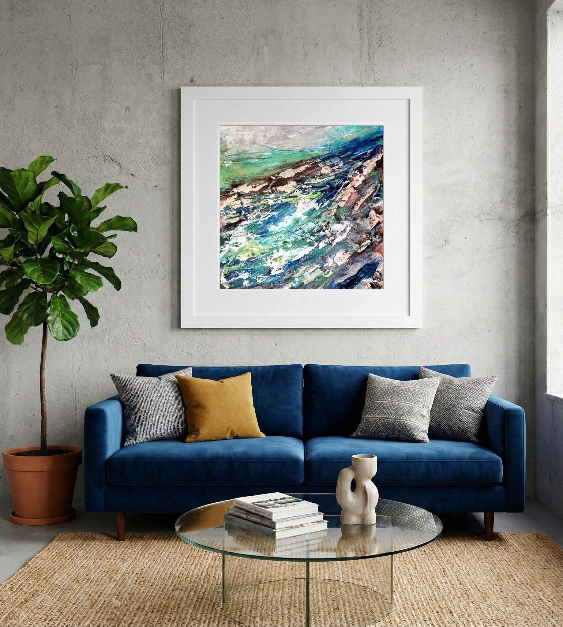 Emerald and Deep Blue Seascape — art on the wall, room interior preview 2