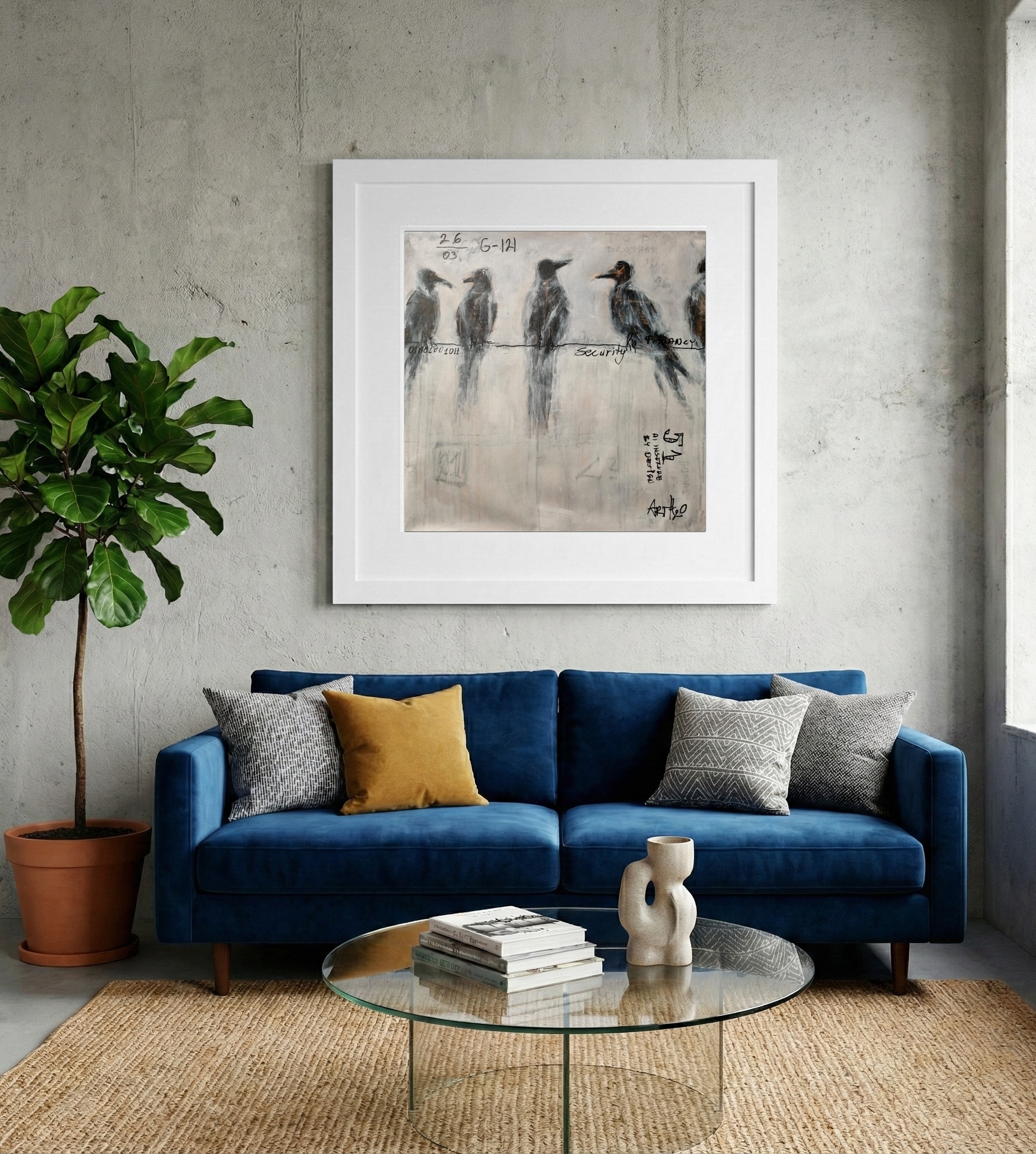 Gray and Black Ink Birds on Canvas — art on the wall, room interior preview 2