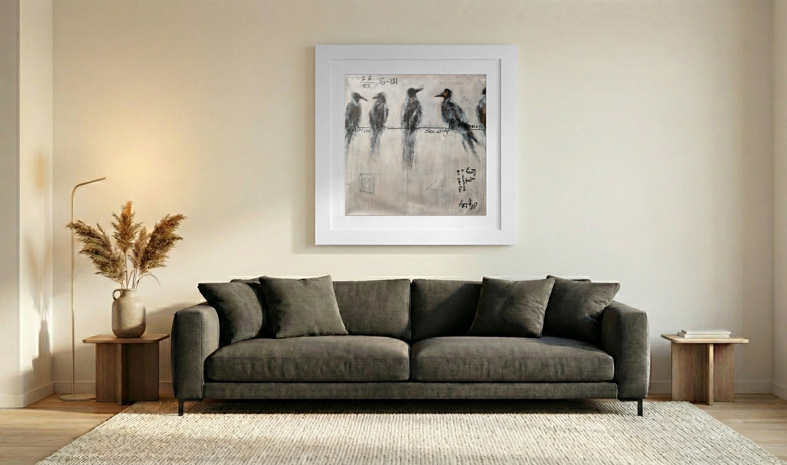 Gray and Black Ink Birds on Canvas — art on the wall, room interior preview 3