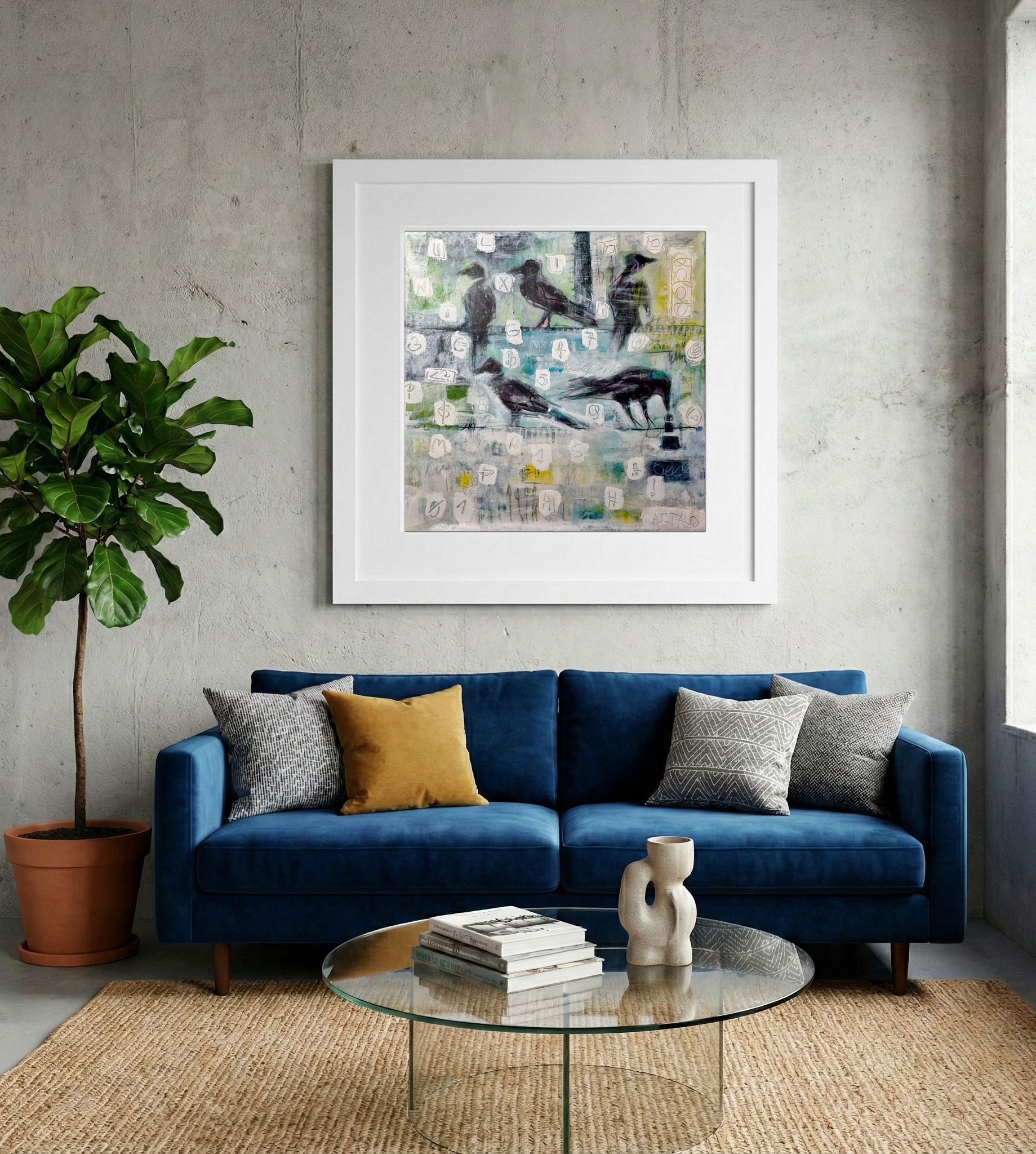 Muted Gray and Yellow Crow Abstract — art on the wall, room interior preview 2