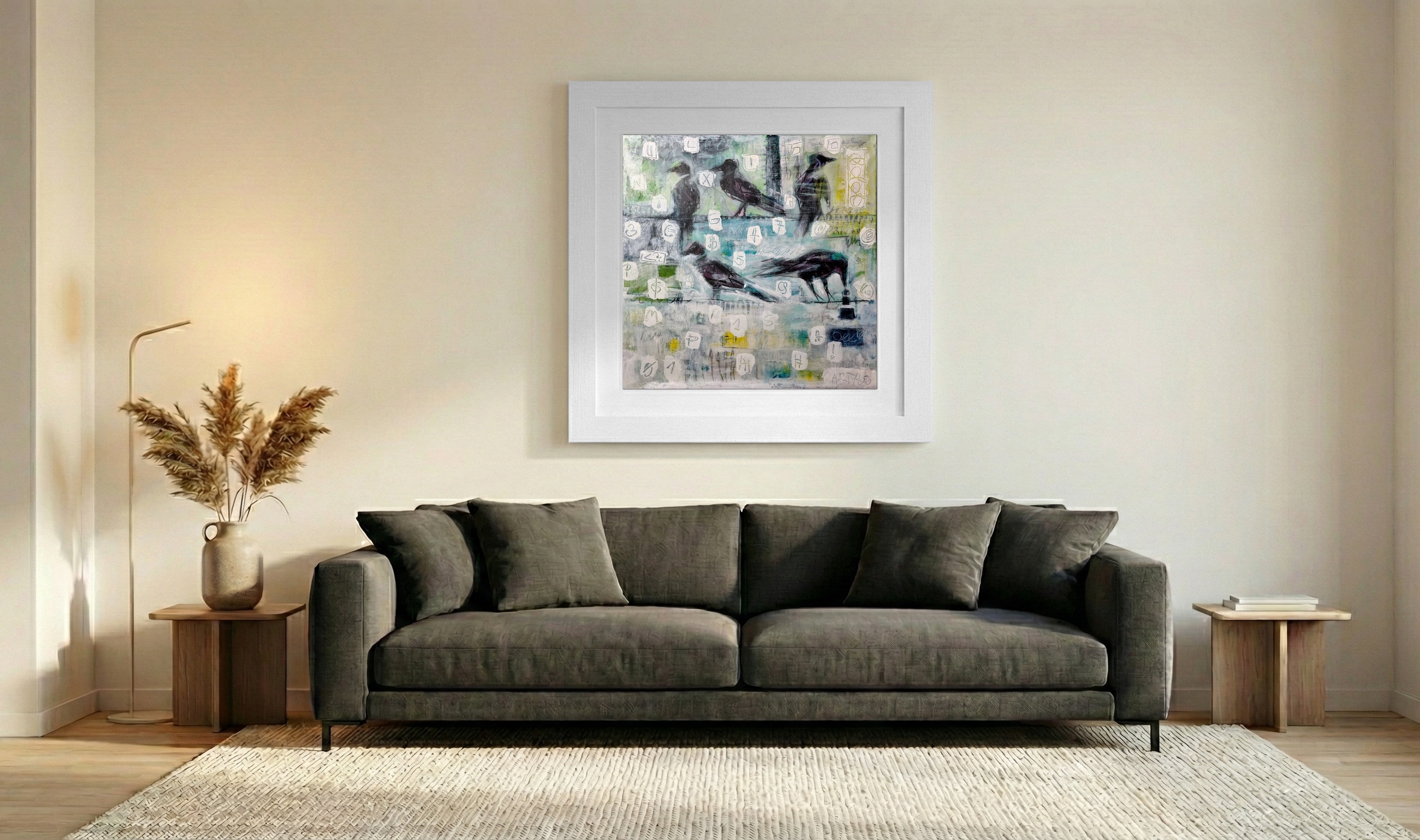 Muted Gray and Yellow Crow Abstract — art on the wall, room interior preview 3