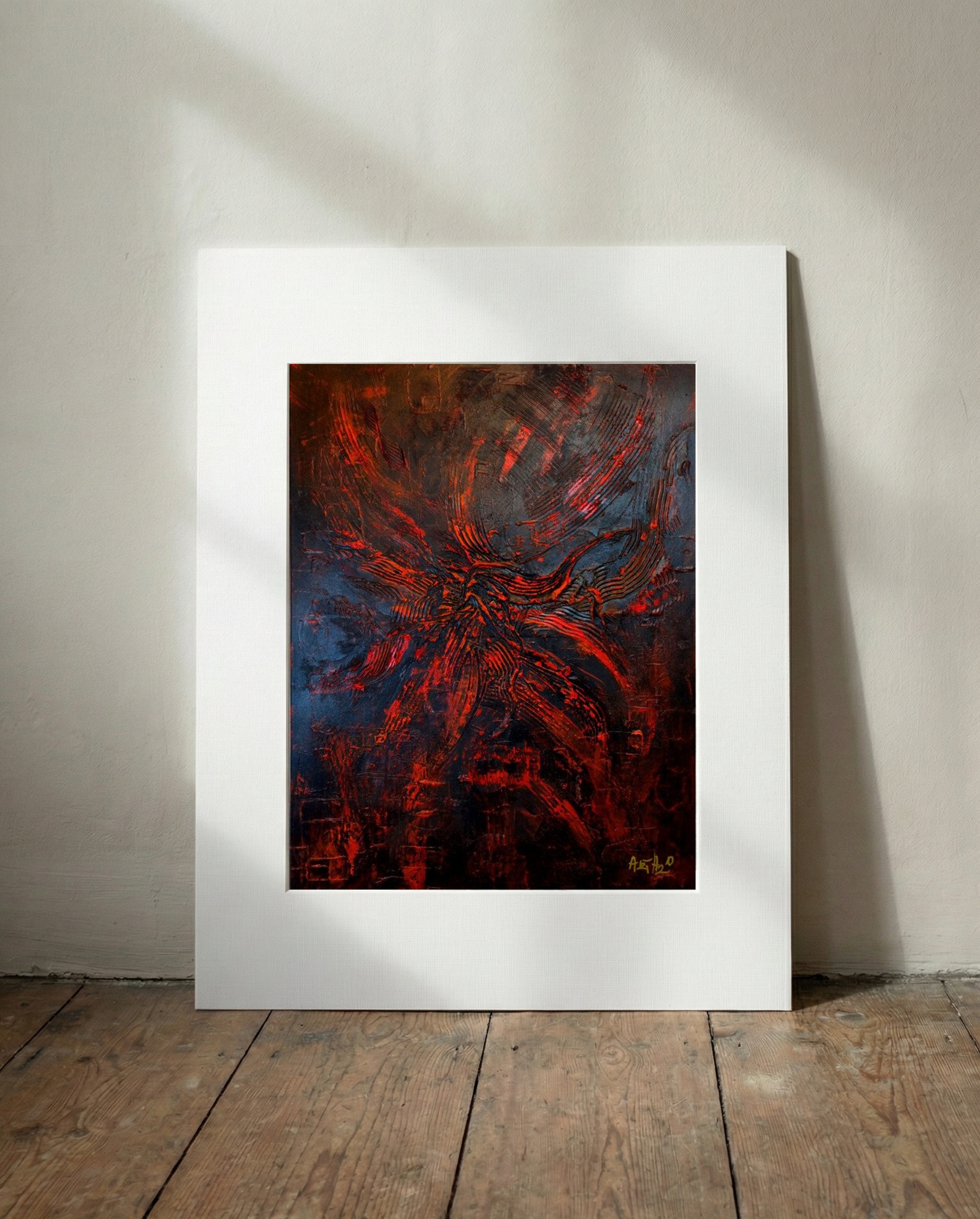 Crimson and Black Abstract on Linen Canvas — art on the wall, room interior preview 2