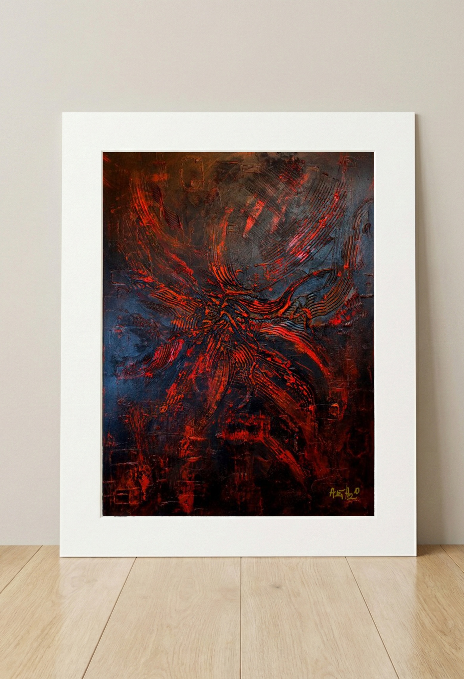 Crimson and Black Abstract on Linen Canvas — art on the wall, room interior preview 3