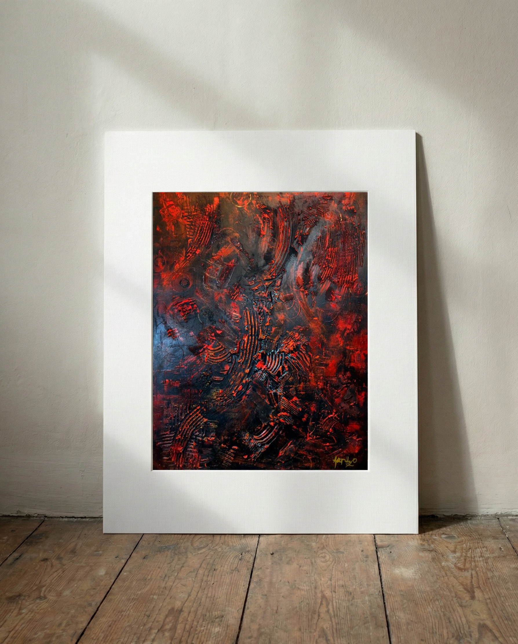 Crimson and Black Abstract on Linen Canvas — art on the wall, room interior preview 2