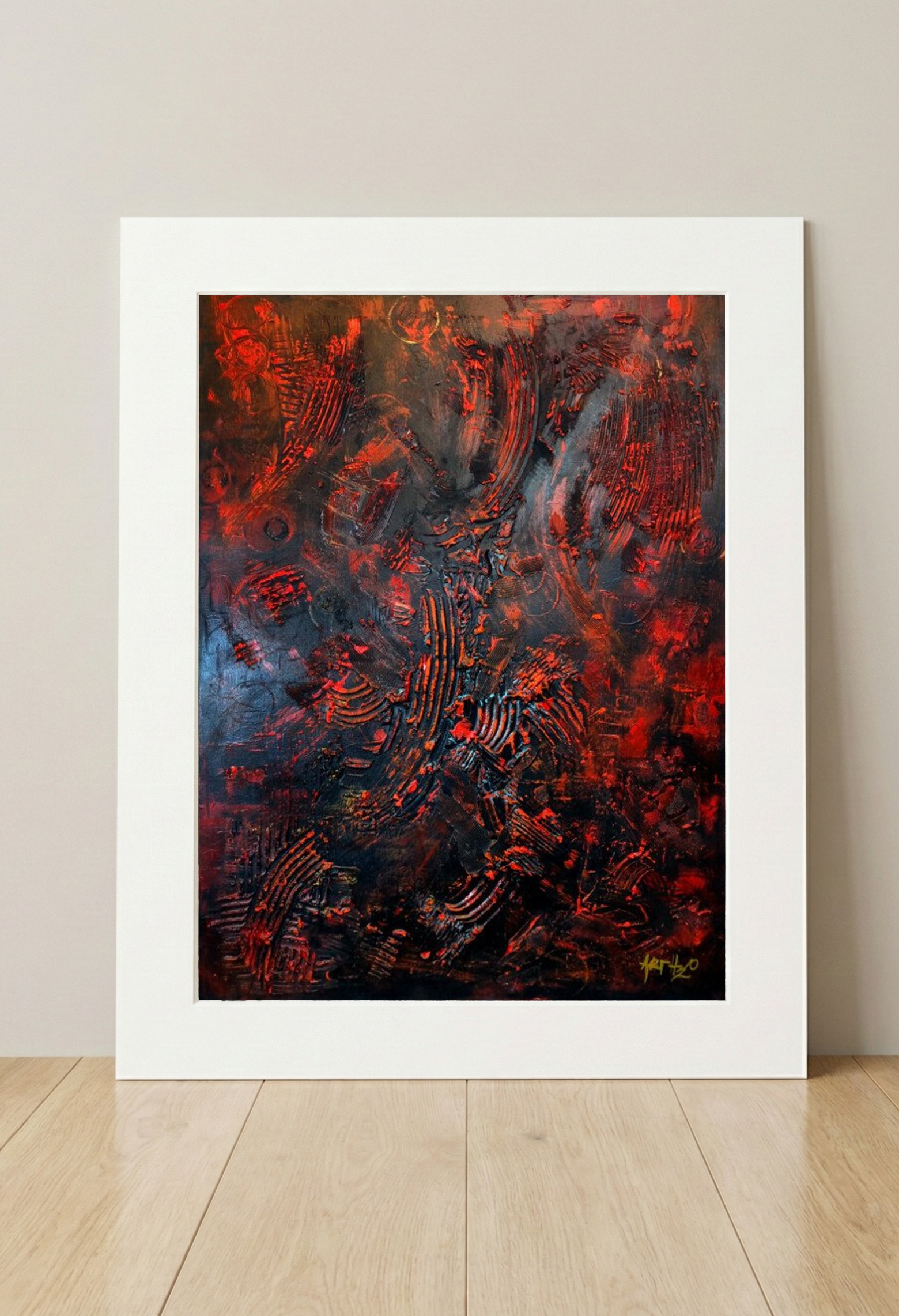 Crimson and Black Abstract on Linen Canvas — art on the wall, room interior preview 3