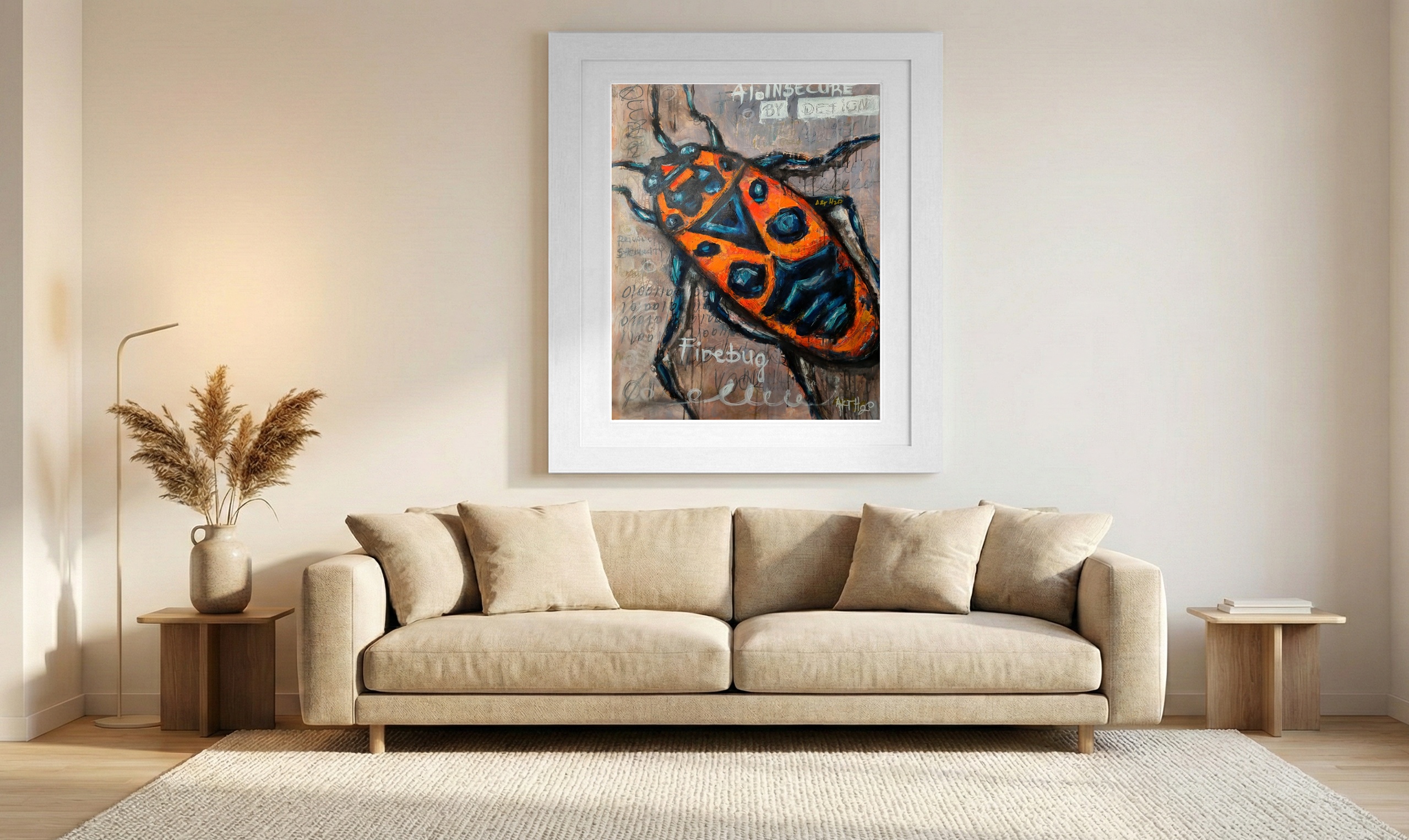 Fiery Orange Beetle on Textured Canvas — art on the wall, room interior preview 1