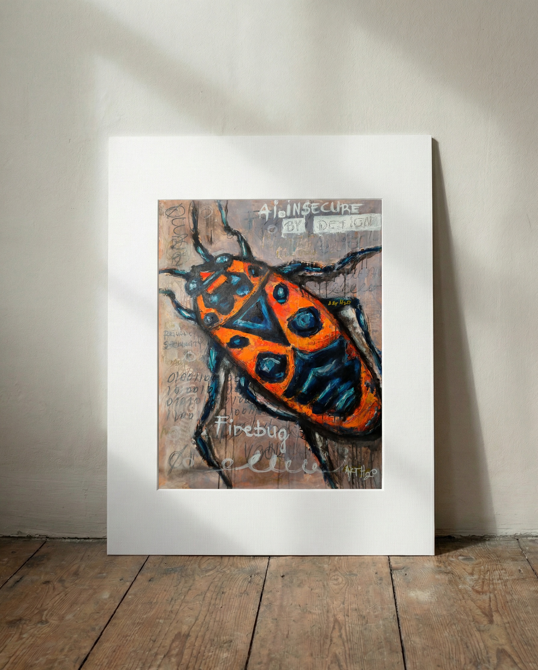 Fiery Orange Beetle on Textured Canvas — art on the wall, room interior preview 3