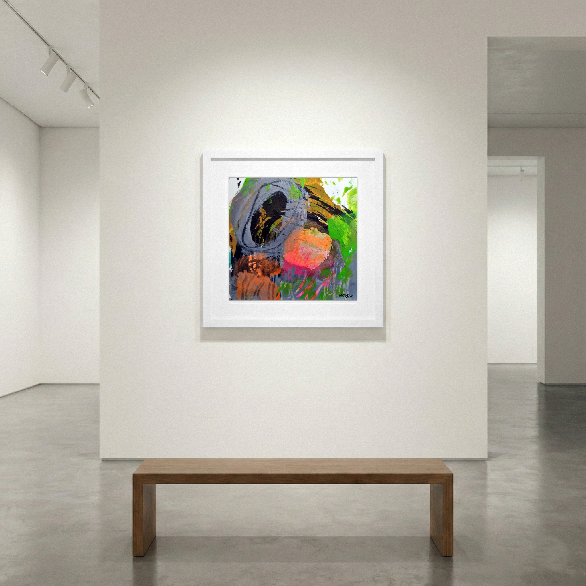 Neon Green and Orange Abstract on Paper — art on the wall, room interior preview 1