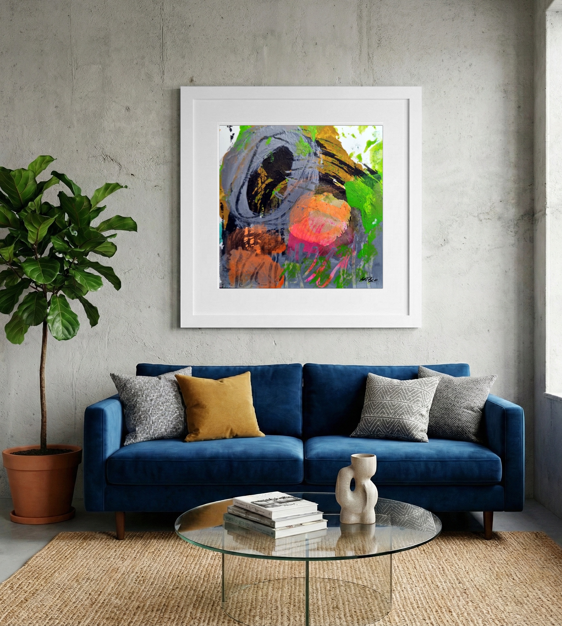 Neon Green and Orange Abstract on Paper — art on the wall, room interior preview 2
