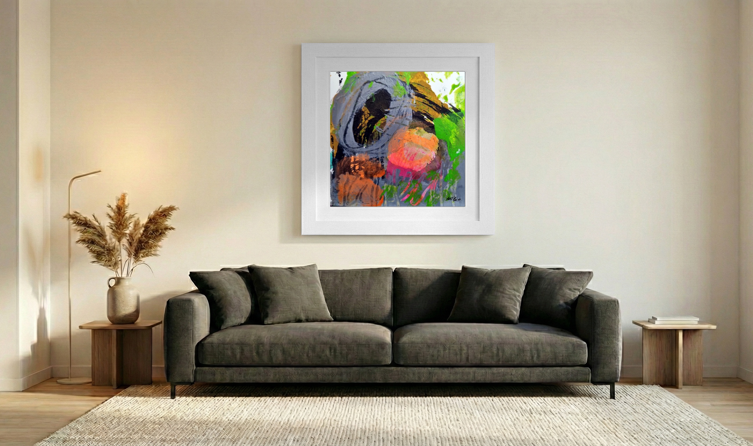 Neon Green and Orange Abstract on Paper — art on the wall, room interior preview 3