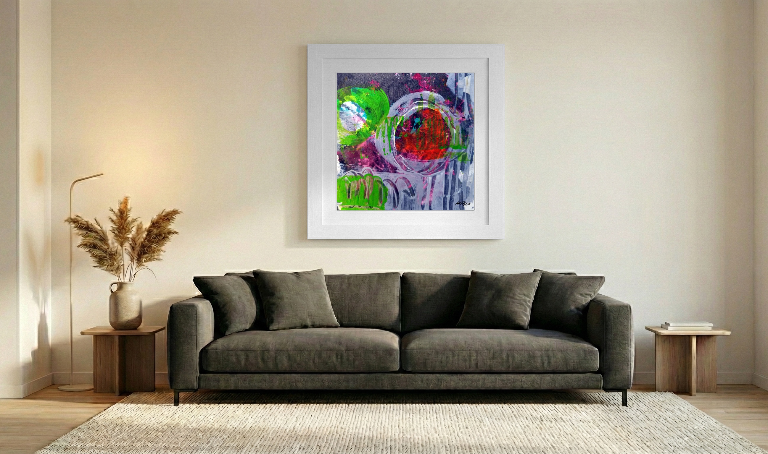 Electric Green and Red Acrylic on Paper — art on the wall, room interior preview 3