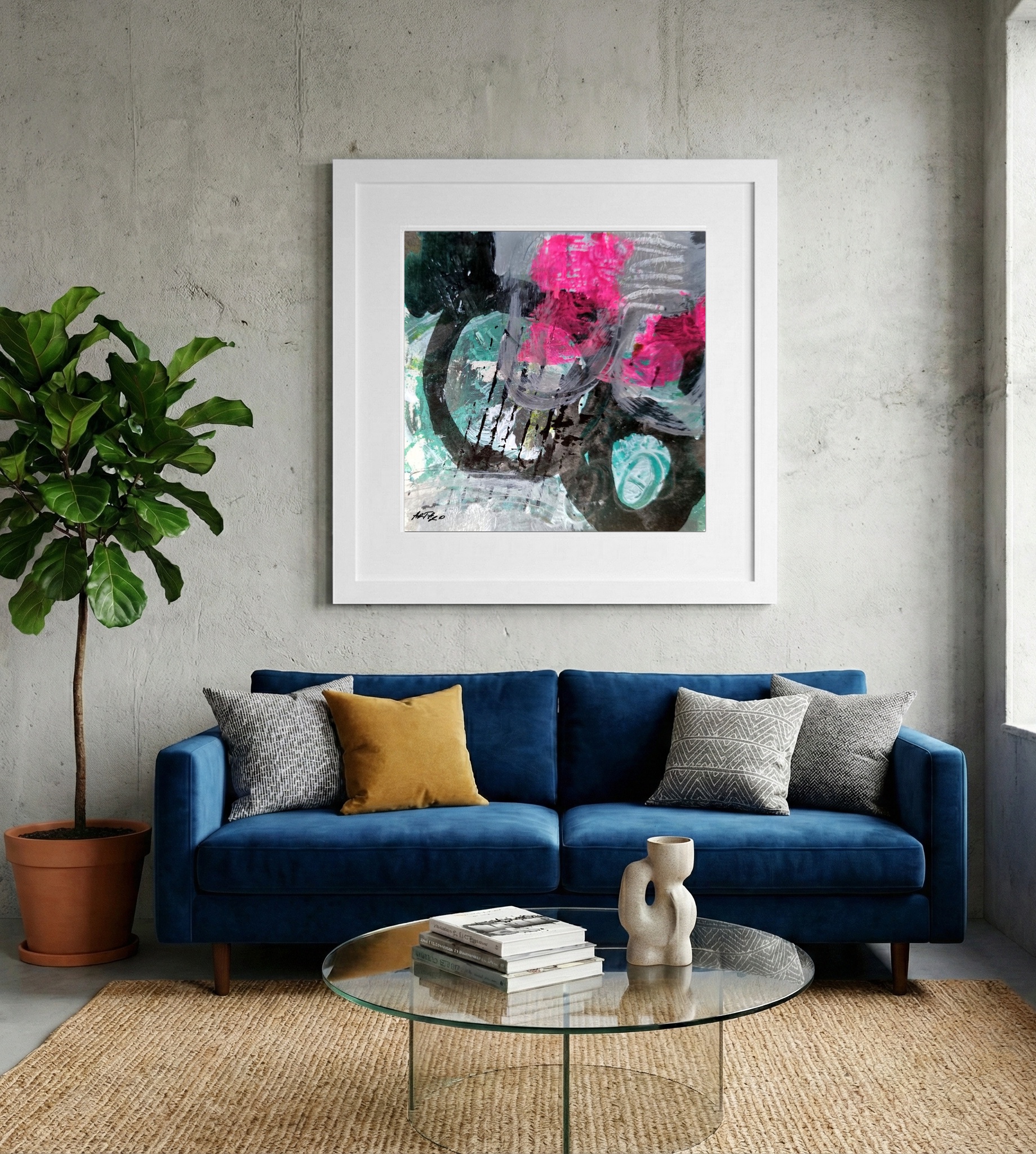 Fuchsia and Teal Abstract on Paper — art on the wall, room interior preview 2