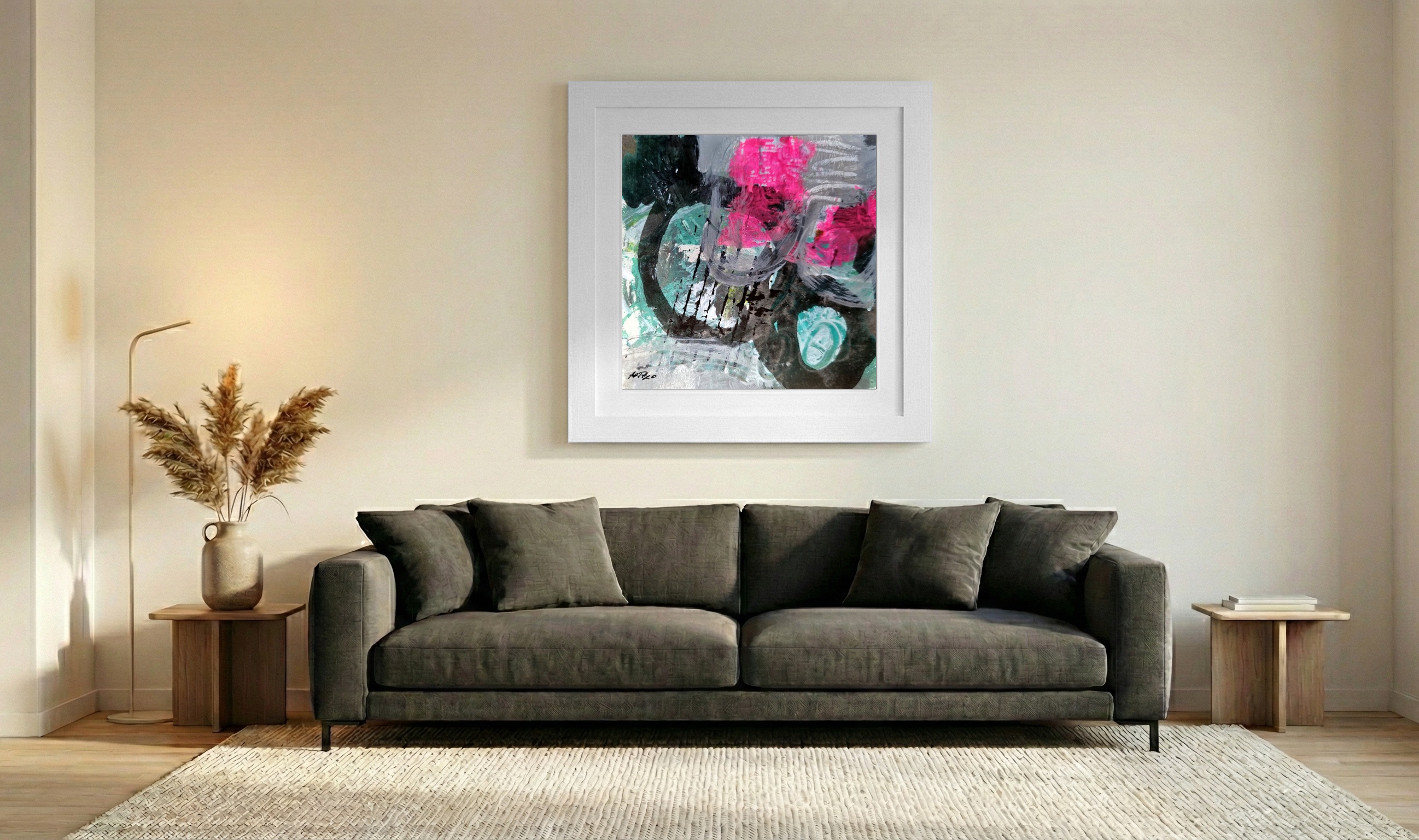 Fuchsia and Teal Abstract on Paper — art on the wall, room interior preview 3
