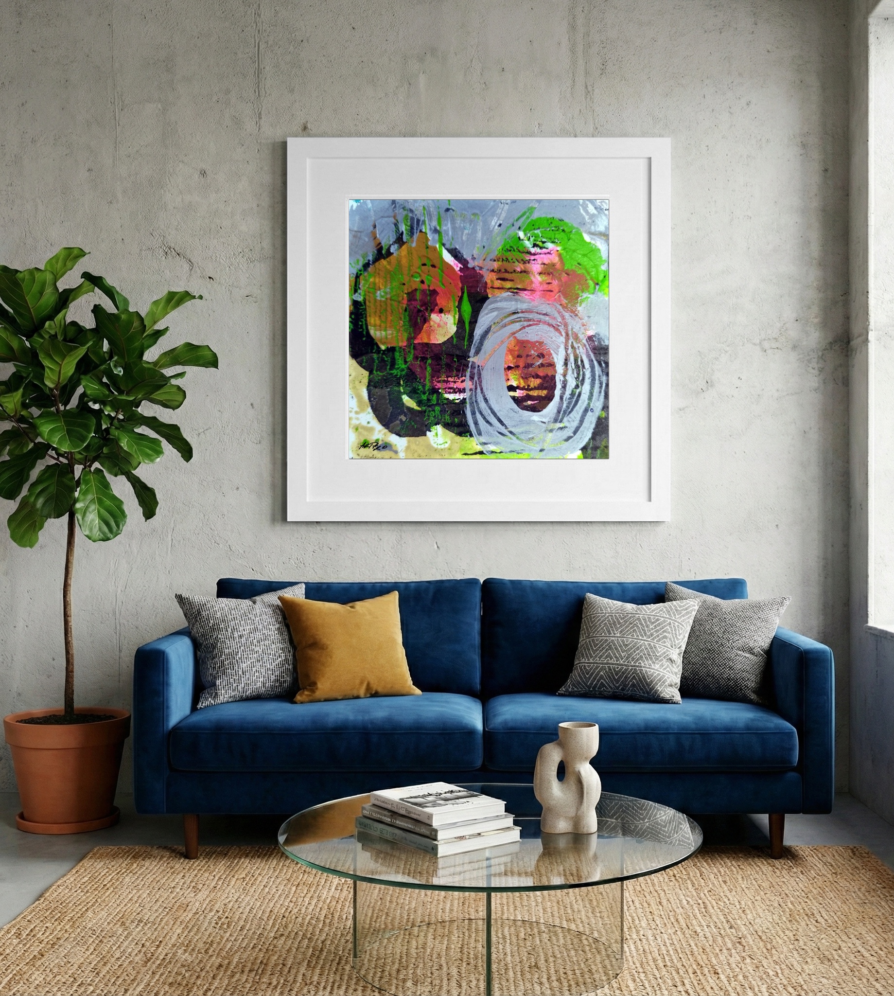 Vivid Pink and Green Acrylic Abstract — art on the wall, room interior preview 2