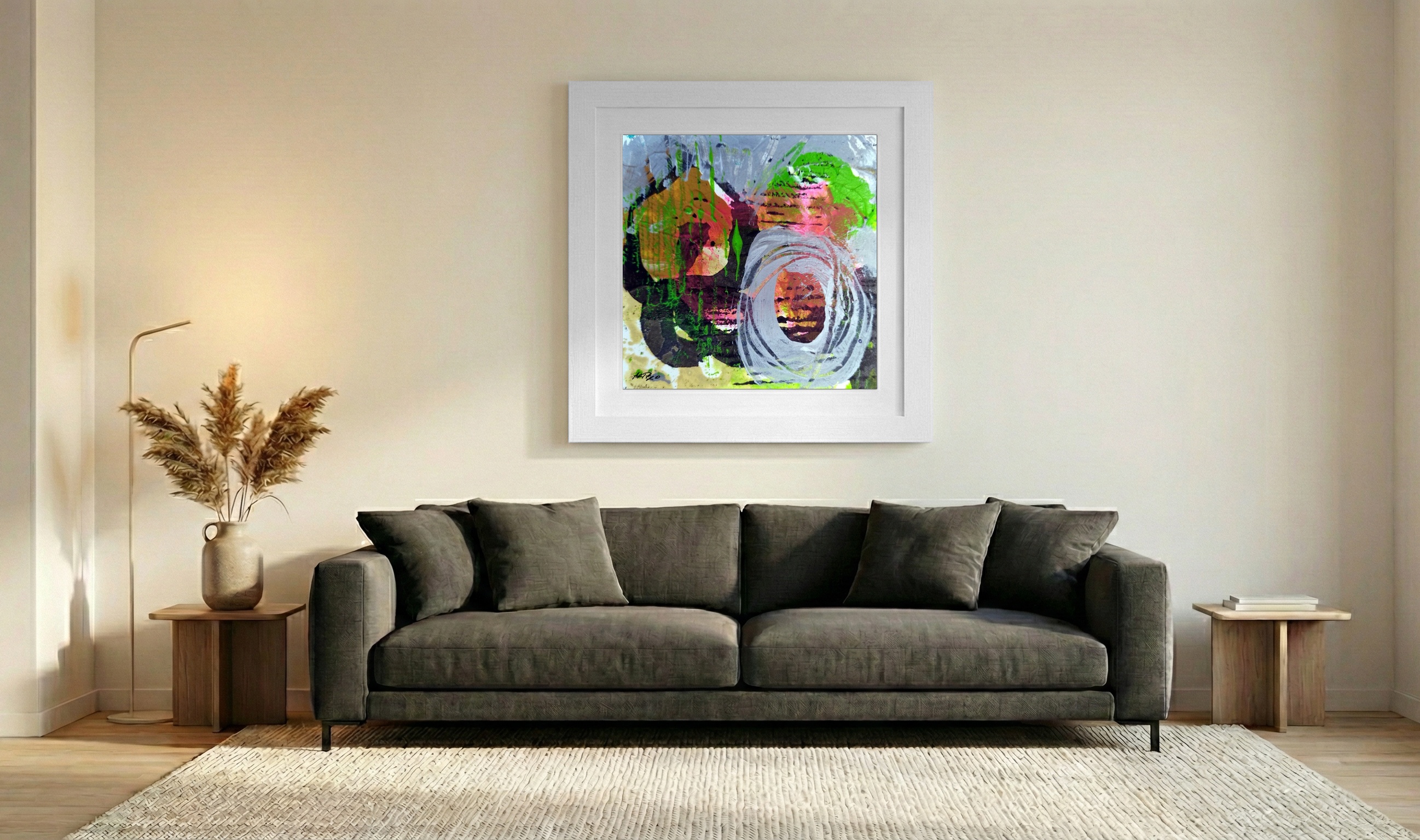 Vivid Pink and Green Acrylic Abstract — art on the wall, room interior preview 3
