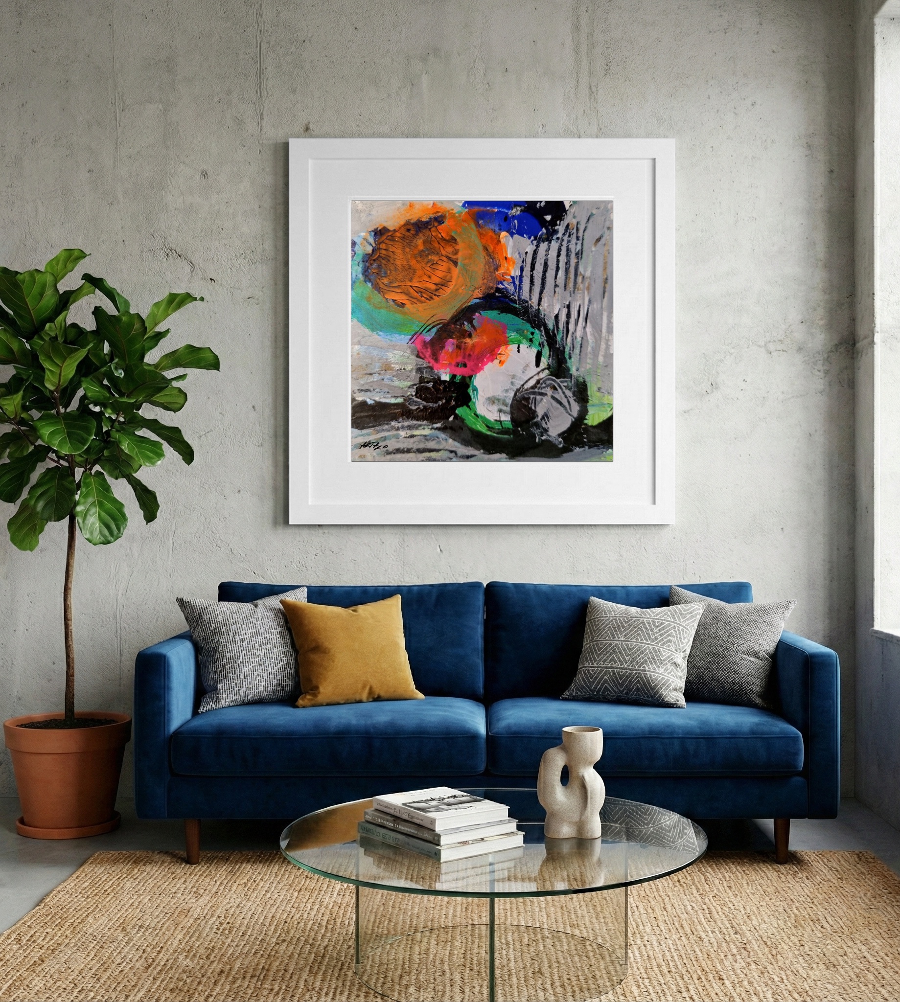 Orange and Green Abstract on Paper — art on the wall, room interior preview 2