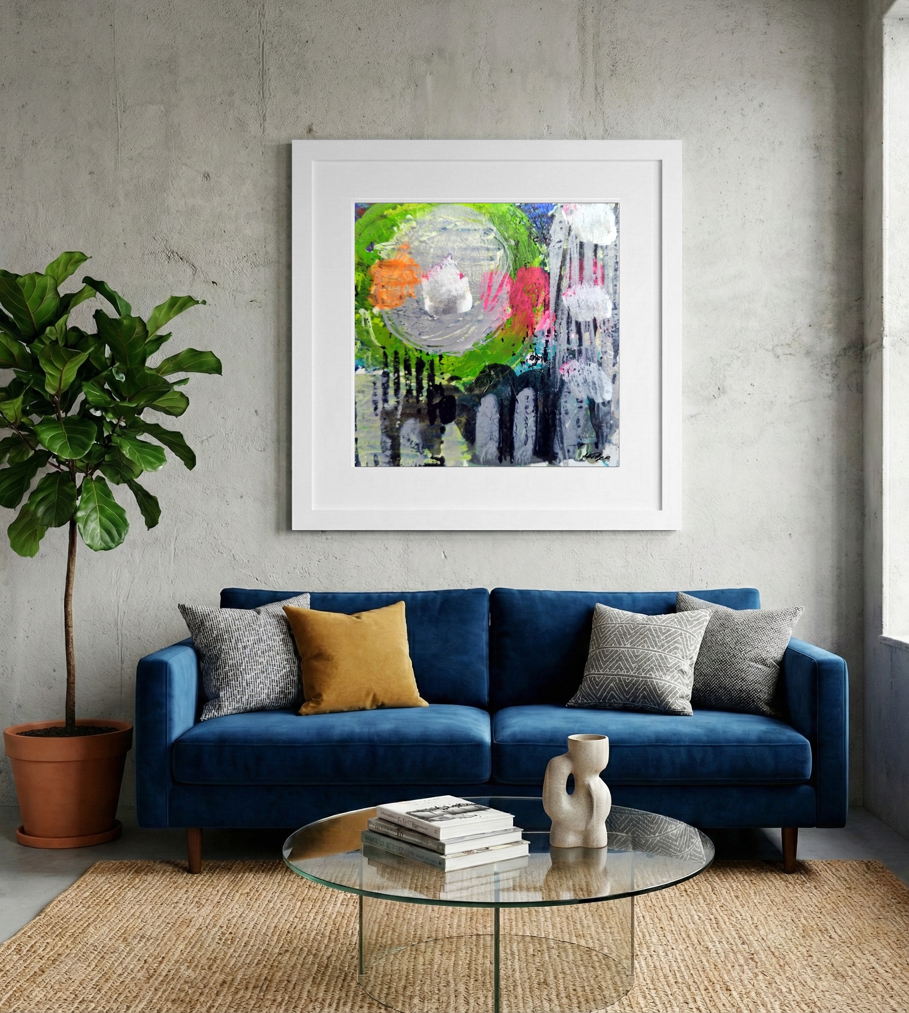 Lively Green and Pink Acrylic on Paper — art on the wall, room interior preview 2