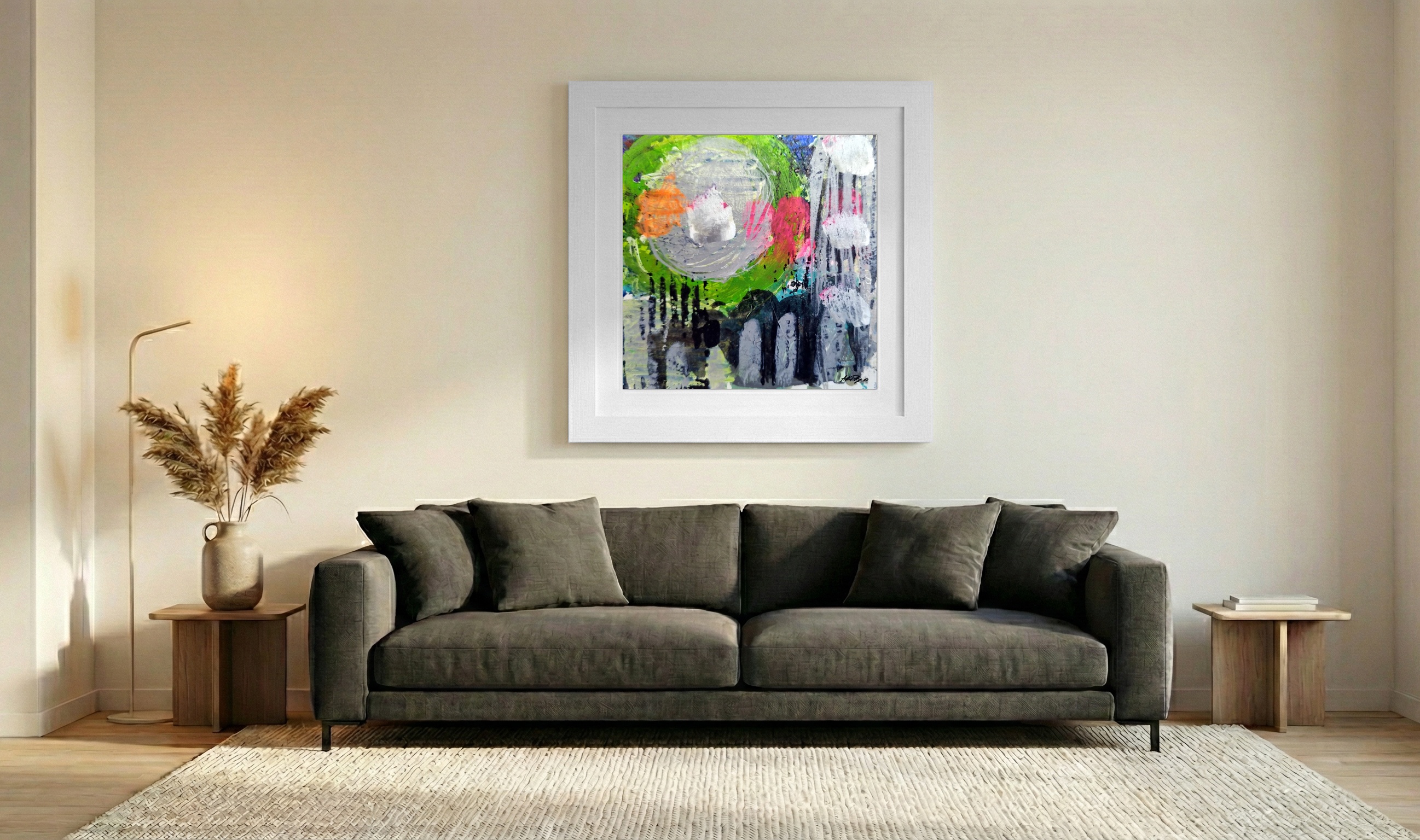 Lively Green and Pink Acrylic on Paper — art on the wall, room interior preview 3
