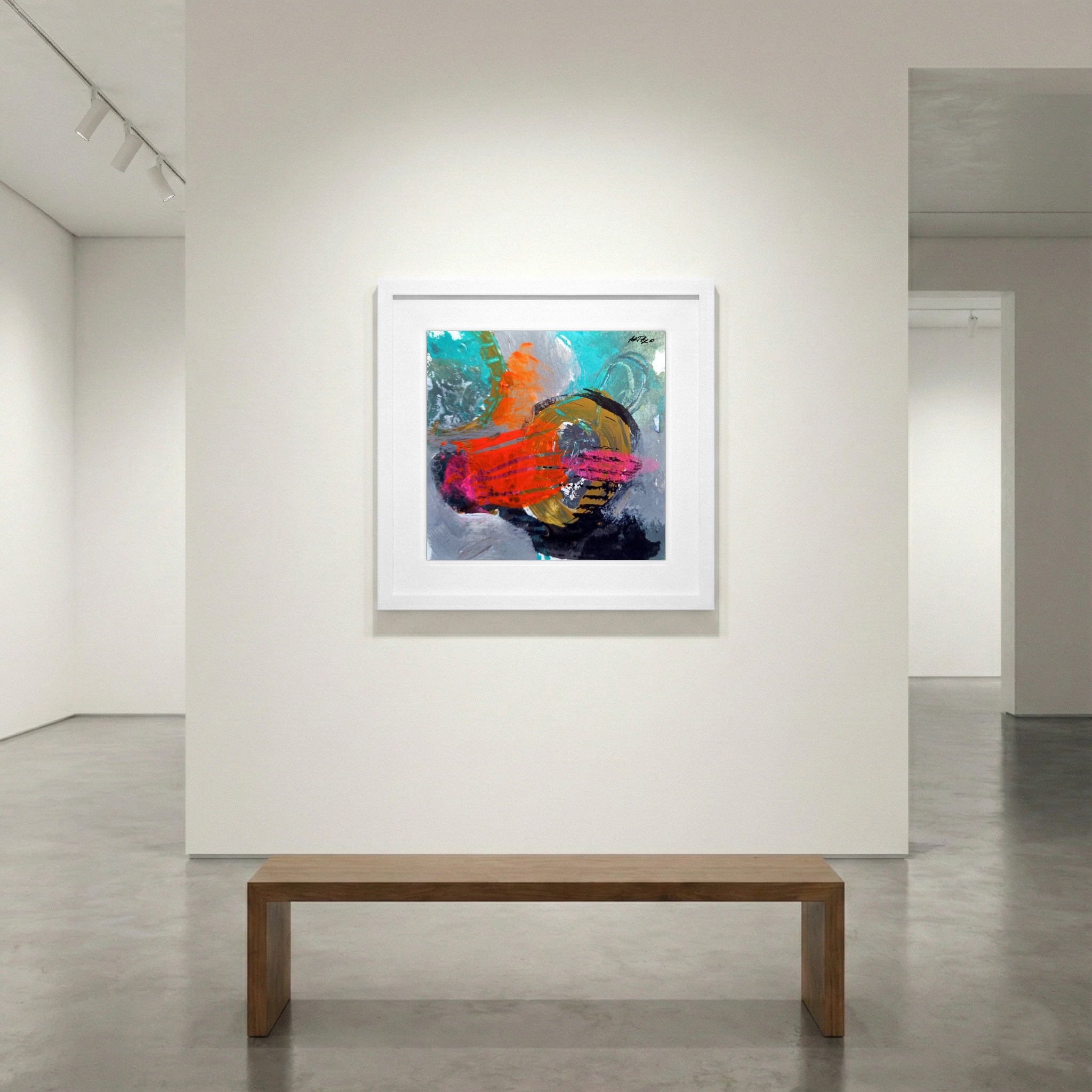 Energetic Orange and Turquoise Abstract on Paper — art on the wall, room interior preview 1