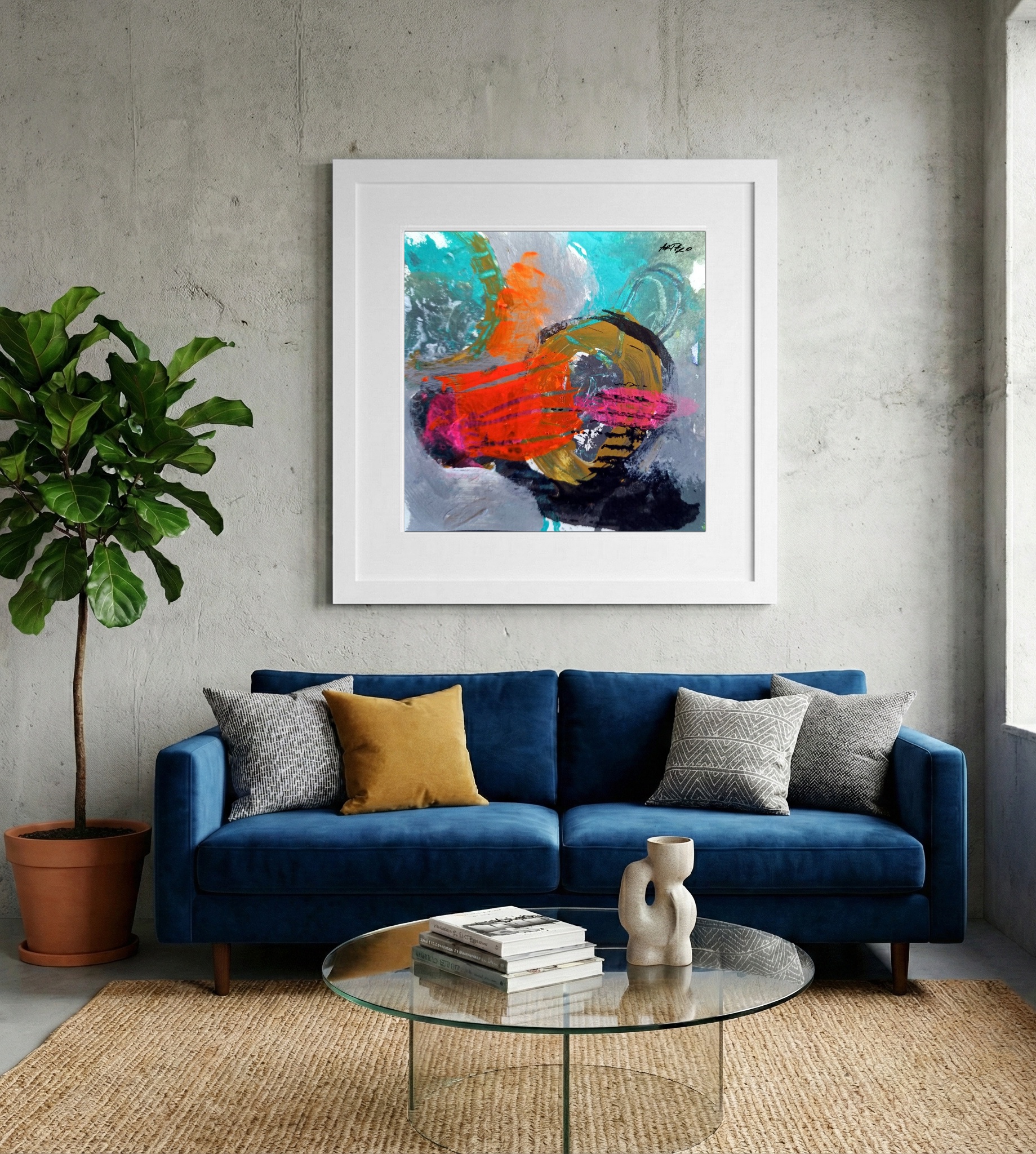Energetic Orange and Turquoise Abstract on Paper — art on the wall, room interior preview 2
