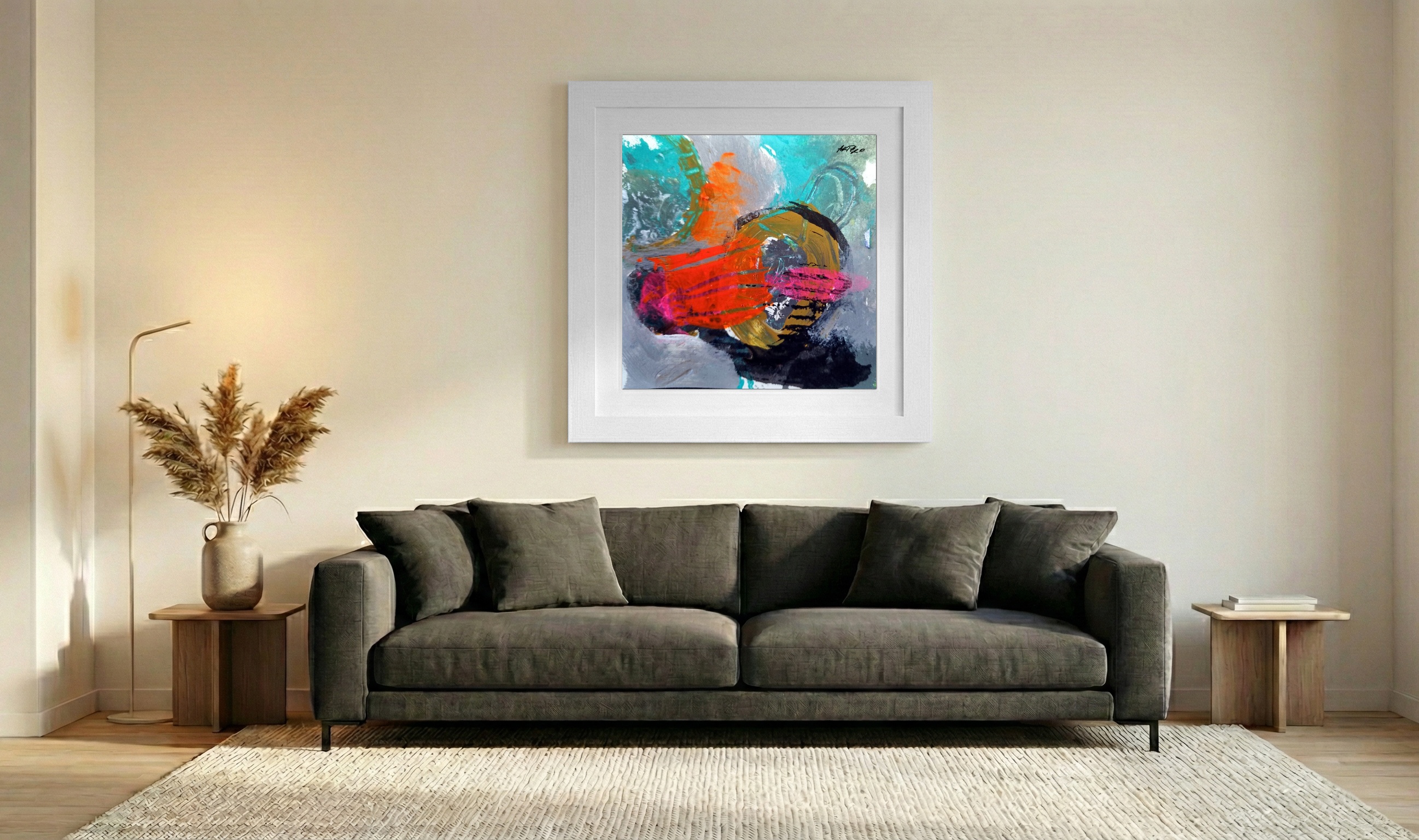 Energetic Orange and Turquoise Abstract on Paper — art on the wall, room interior preview 3