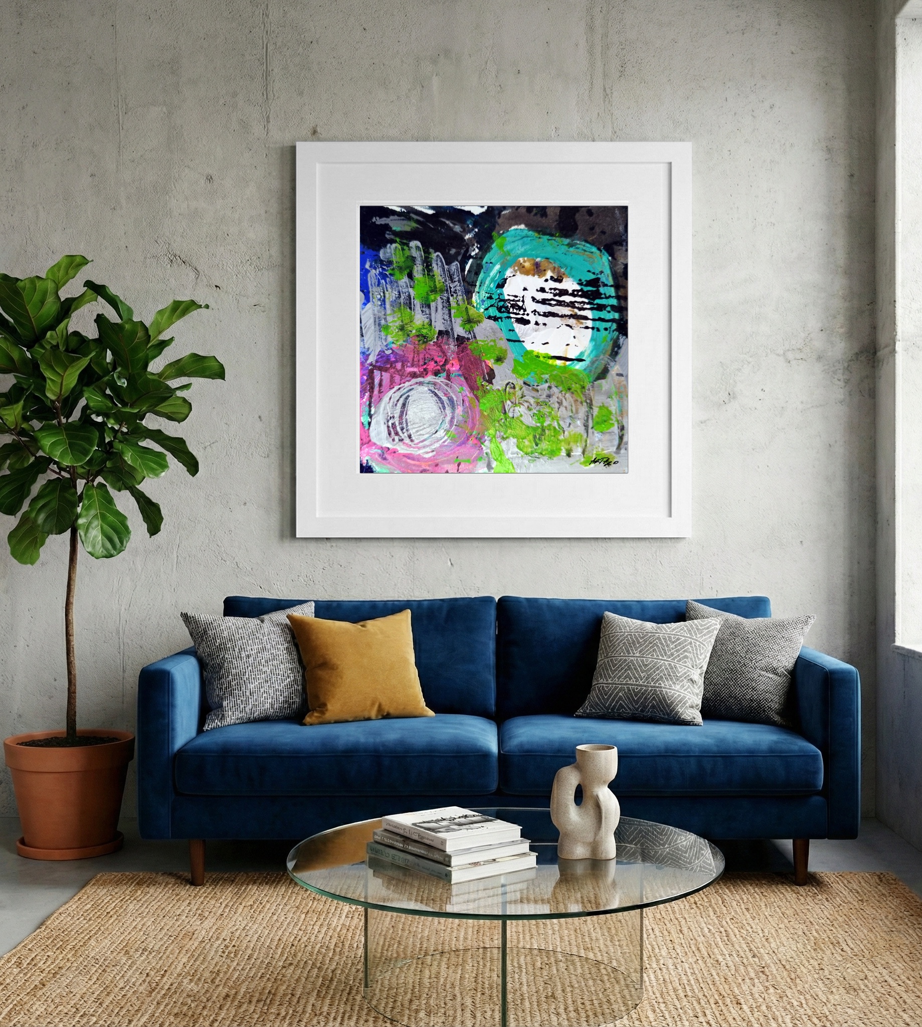 Neon Green and Turquoise Abstract on Paper — art on the wall, room interior preview 2