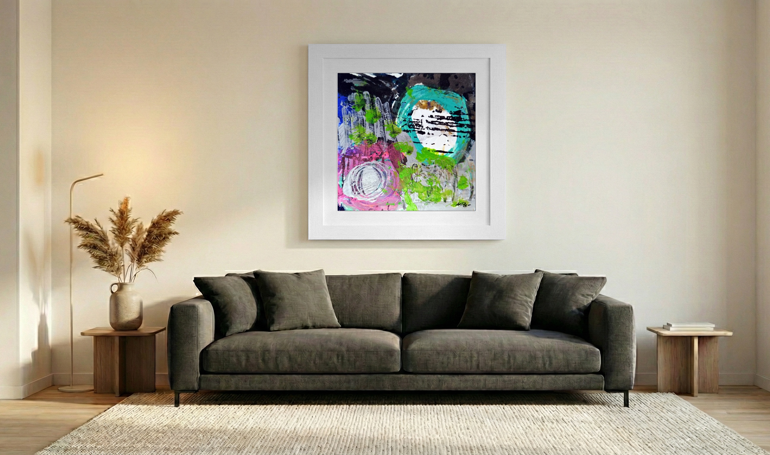 Neon Green and Turquoise Abstract on Paper — art on the wall, room interior preview 3