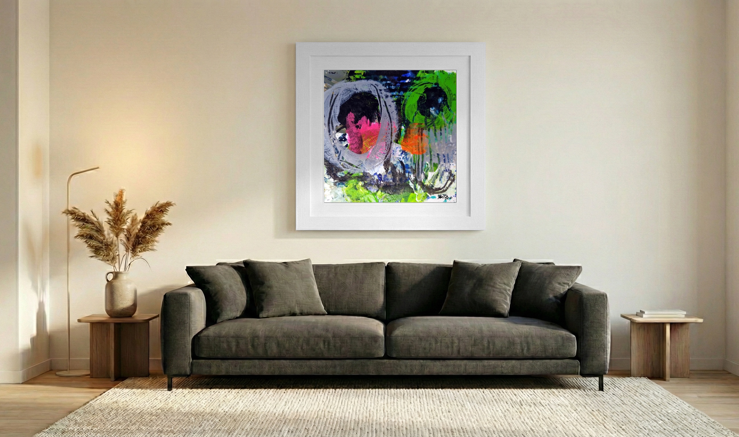 Neon Pink and Green Playful Abstract on Paper — art on the wall, room interior preview 3