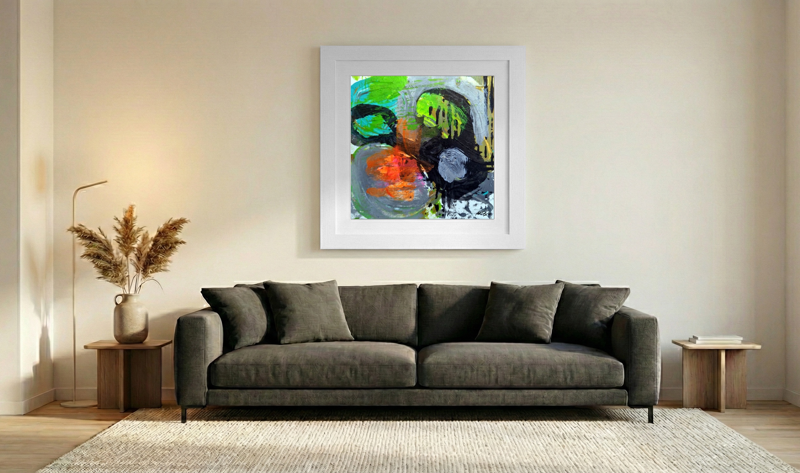 Lively Green Acrylic on Paper — art on the wall, room interior preview 3