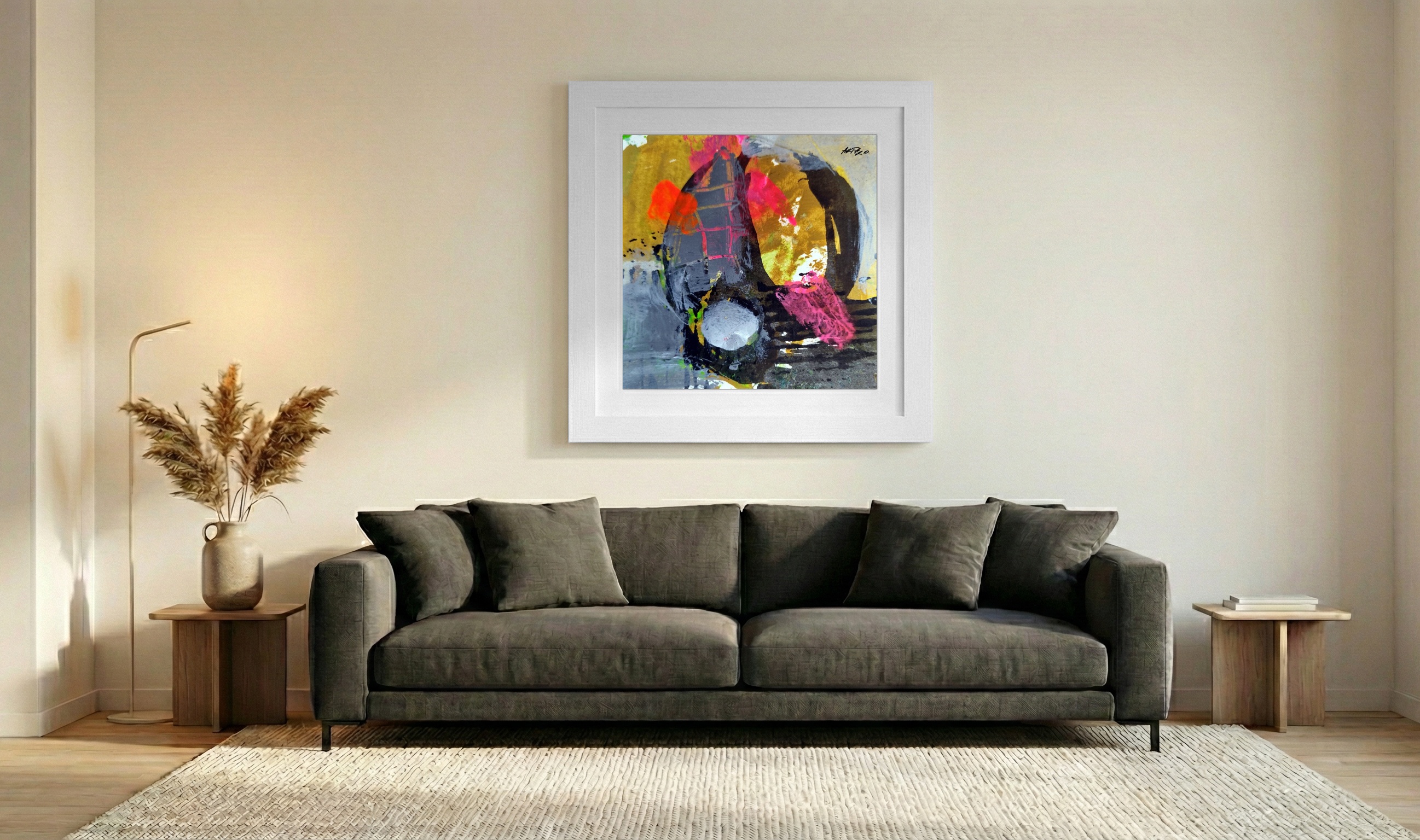 Golden and Fuchsia Abstract on Paper — art on the wall, room interior preview 3