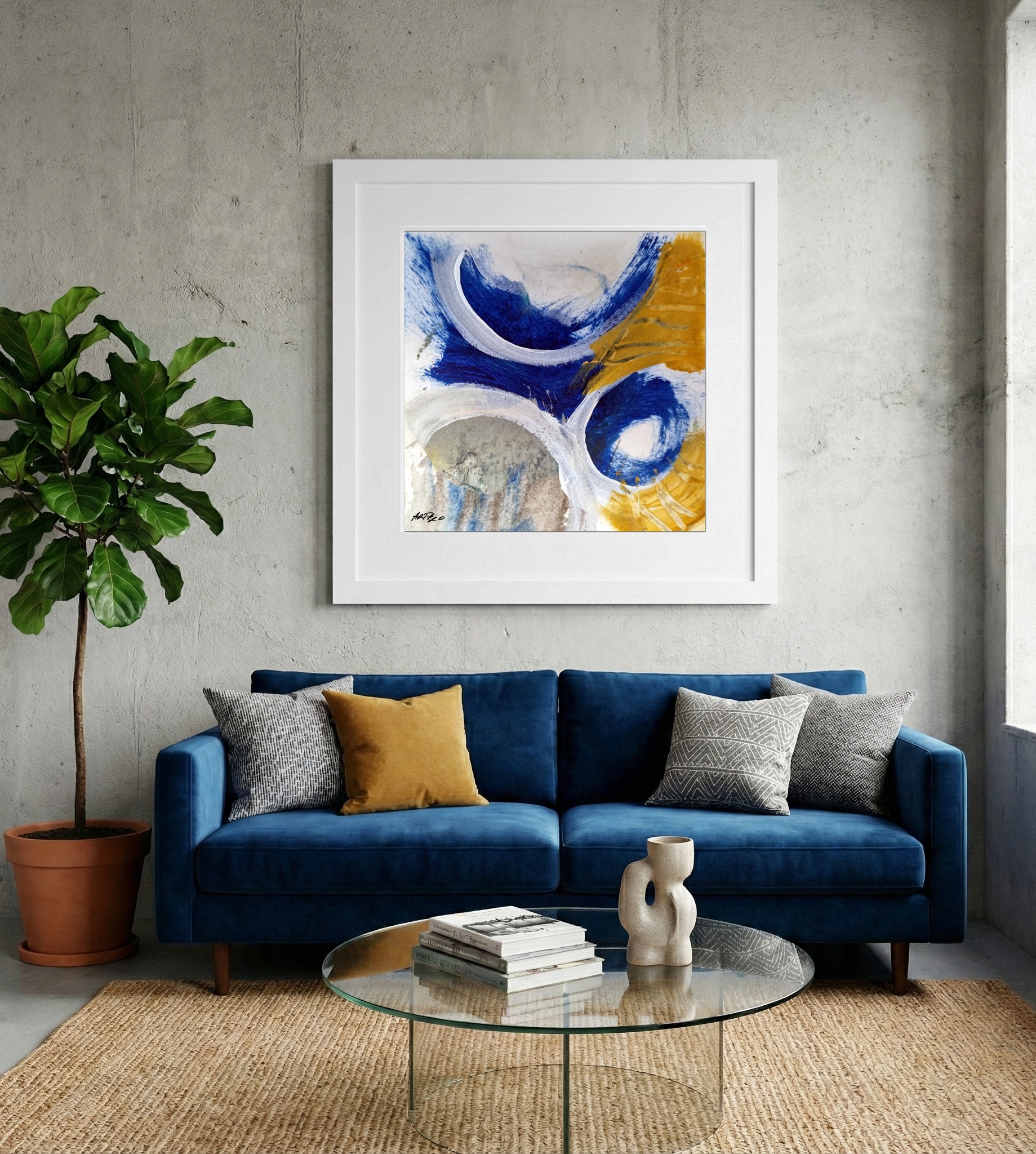 Deep Blue and Gold Acrylic Abstract — art on the wall, room interior preview 2