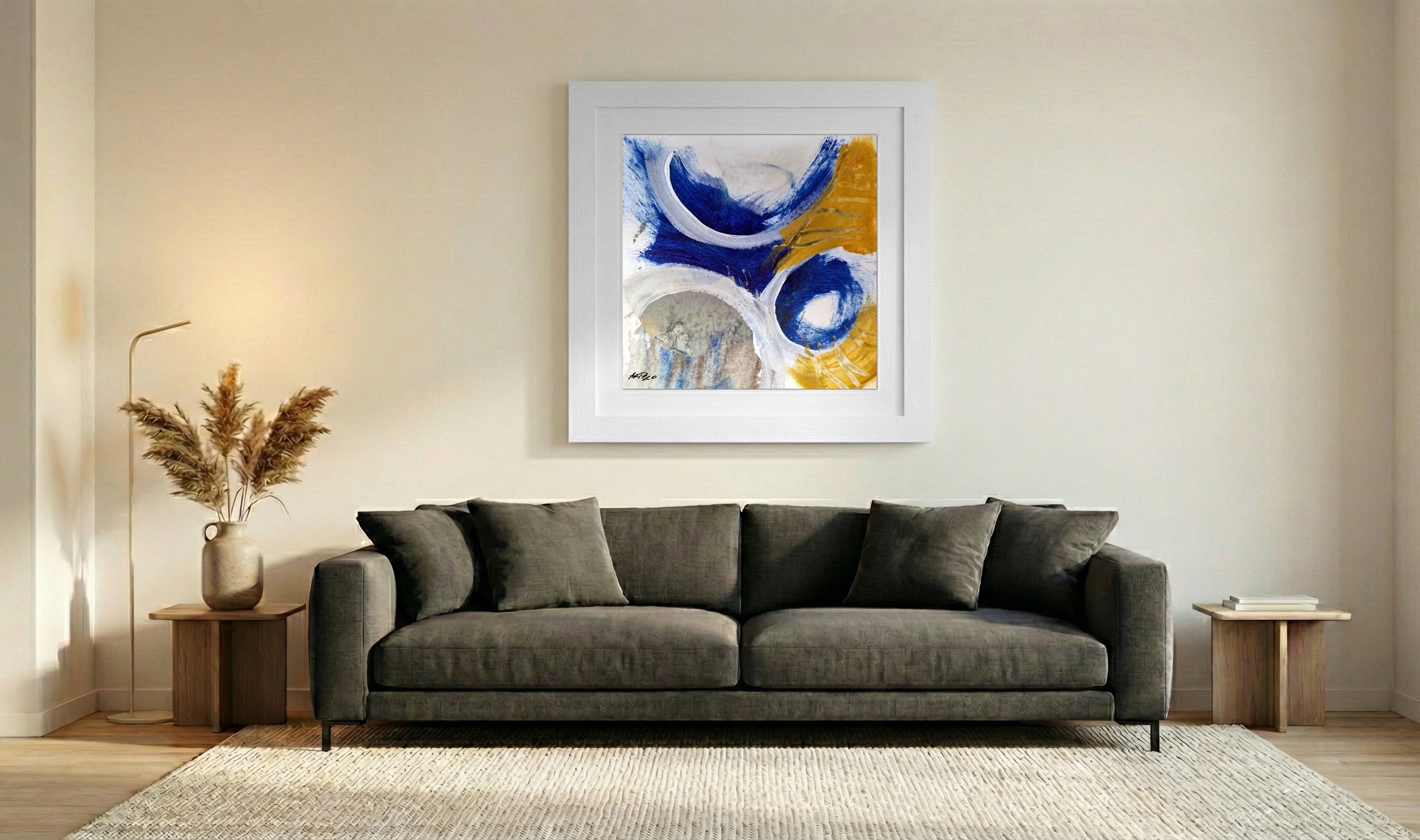 Deep Blue and Gold Acrylic Abstract — art on the wall, room interior preview 3